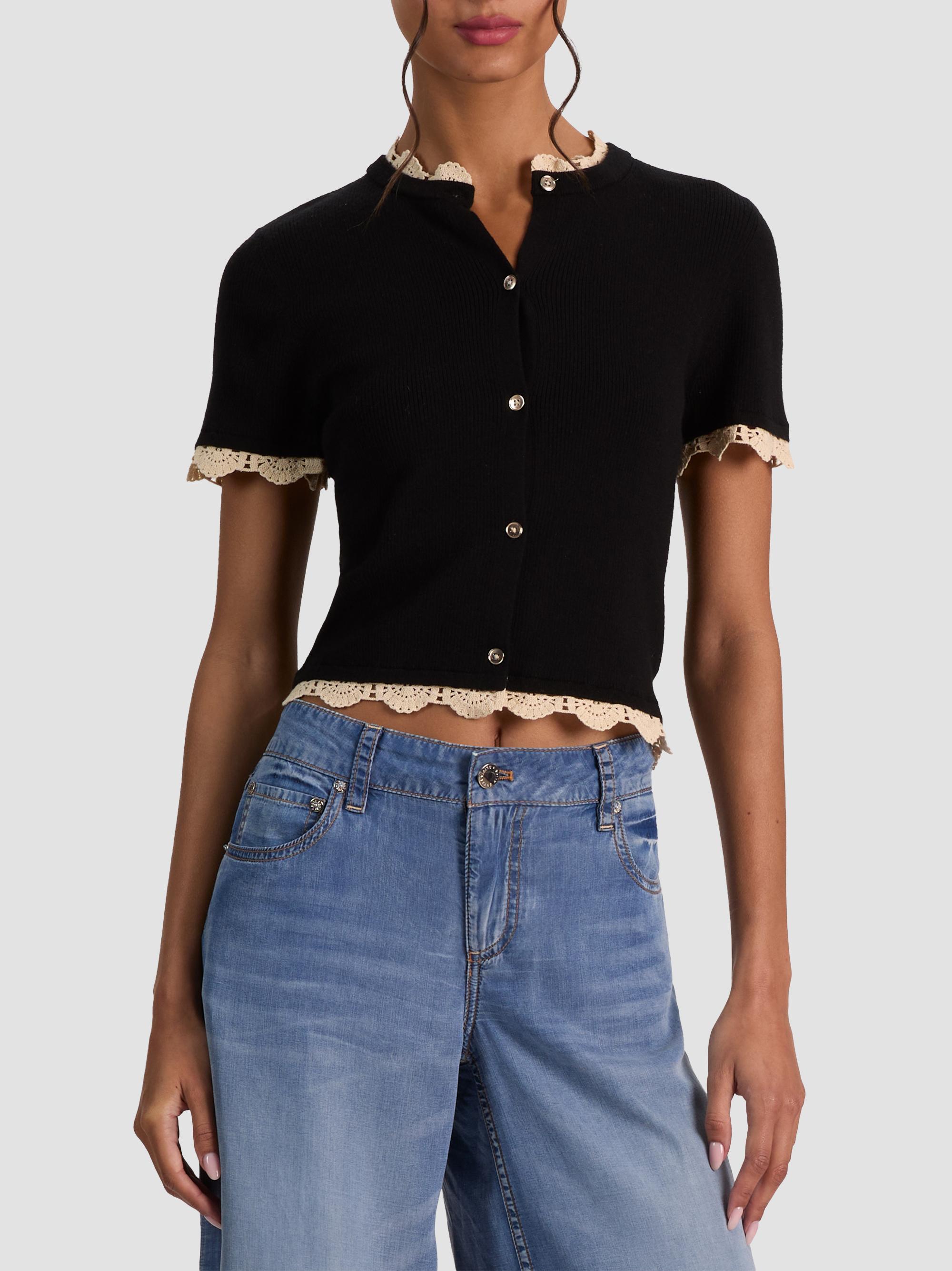 ALICE + OLIVIA Women's Ciara Contrast Lace-Trim Cardigan - Black Natural | Thumbnail 4