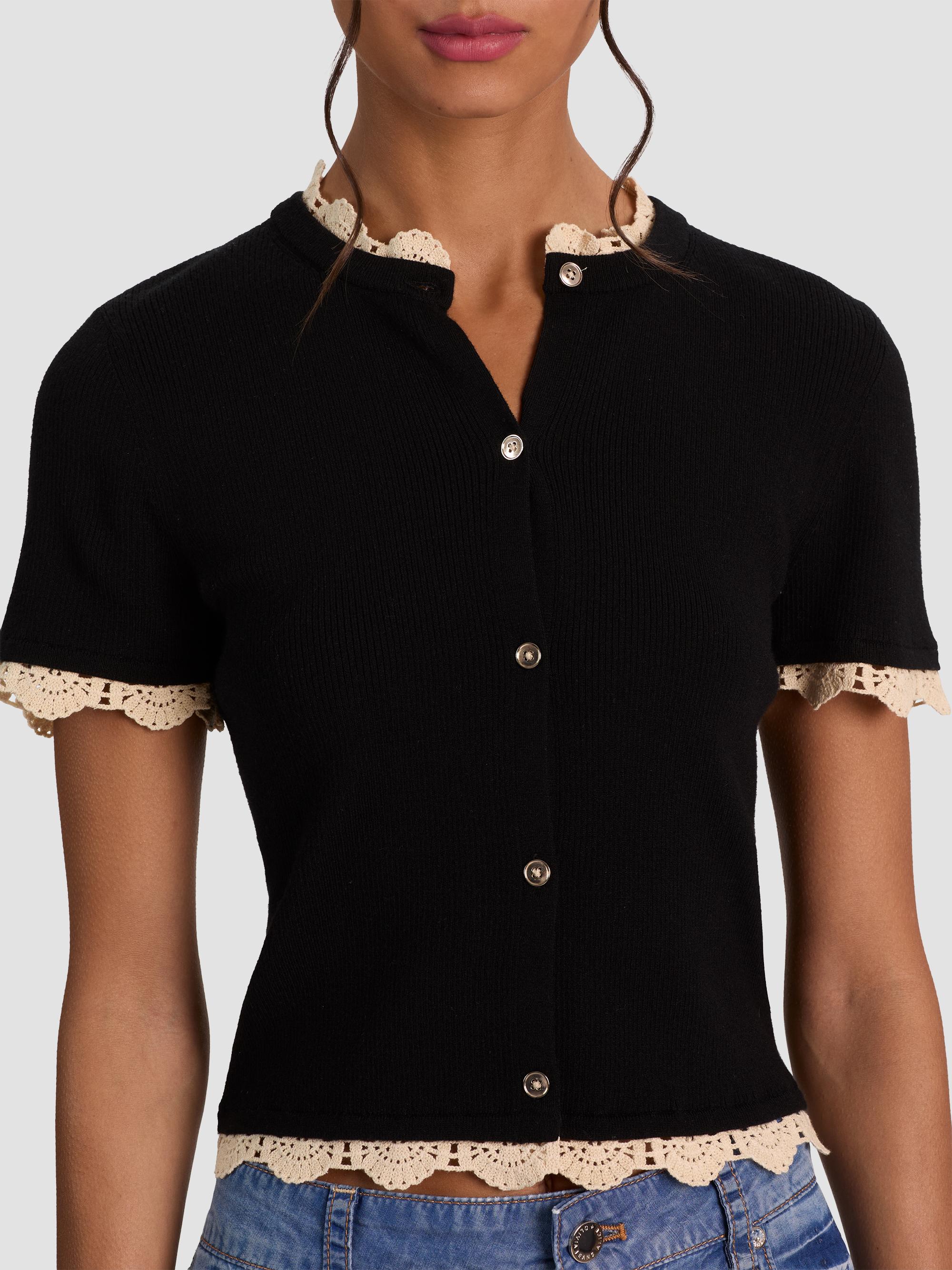 ALICE + OLIVIA Women's Ciara Contrast Lace-Trim Cardigan - Black Natural | Thumbnail 5