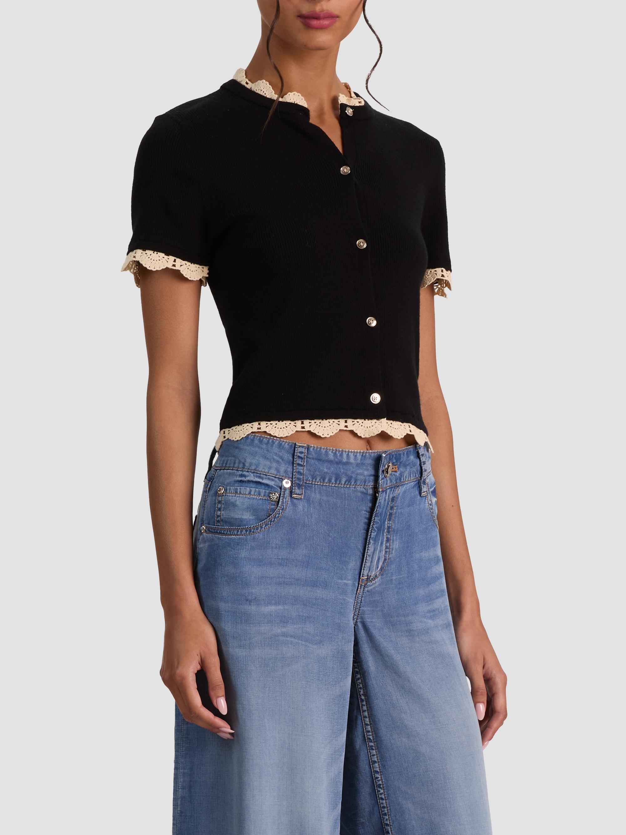 ALICE + OLIVIA Women's Ciara Contrast Lace-Trim Cardigan - Black Natural | Thumbnail 6