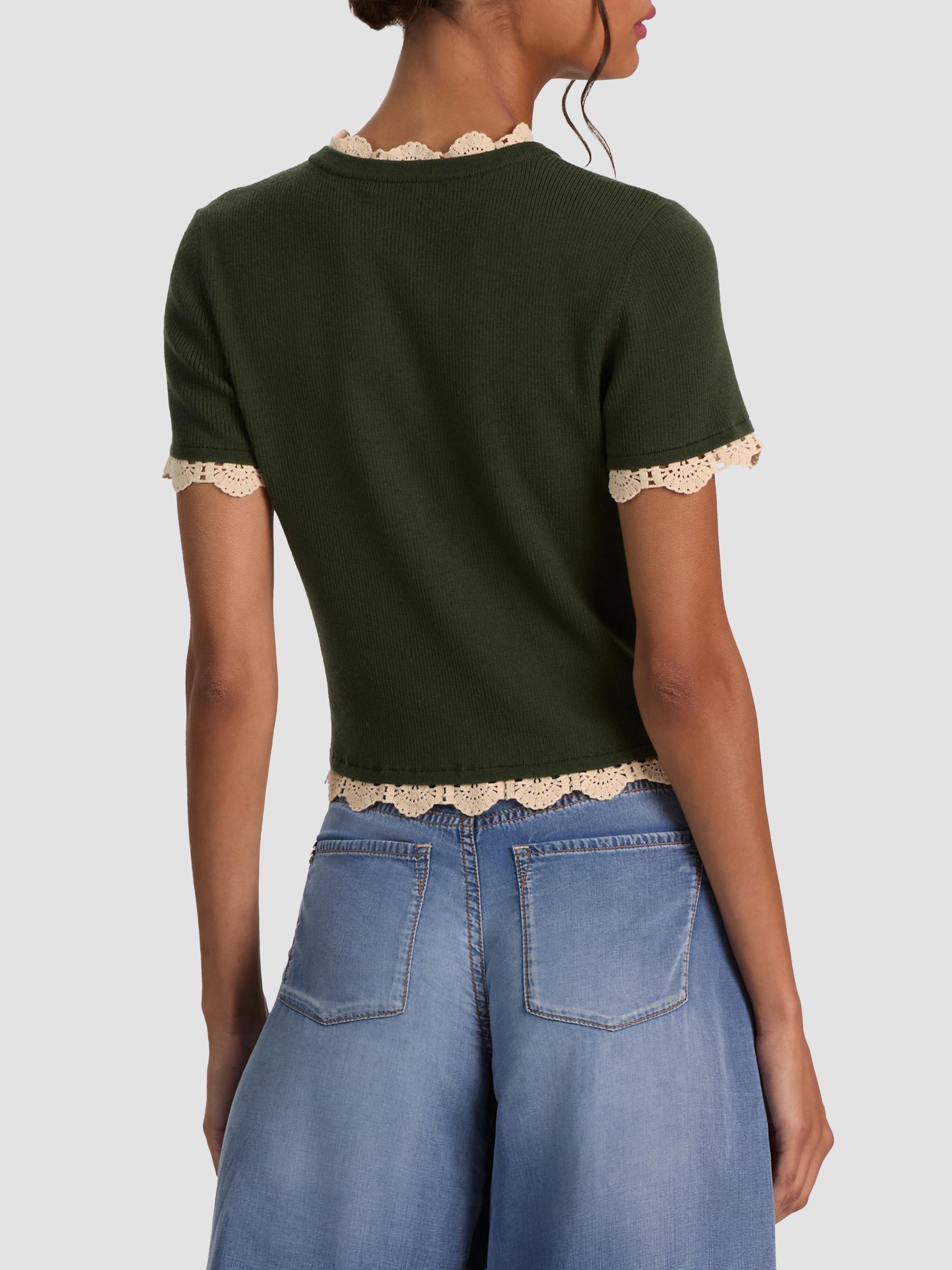 ALICE + OLIVIA Women's Ciara Contrast Lace-Trim Cardigan - Dark Fern Natural | Thumbnail 3