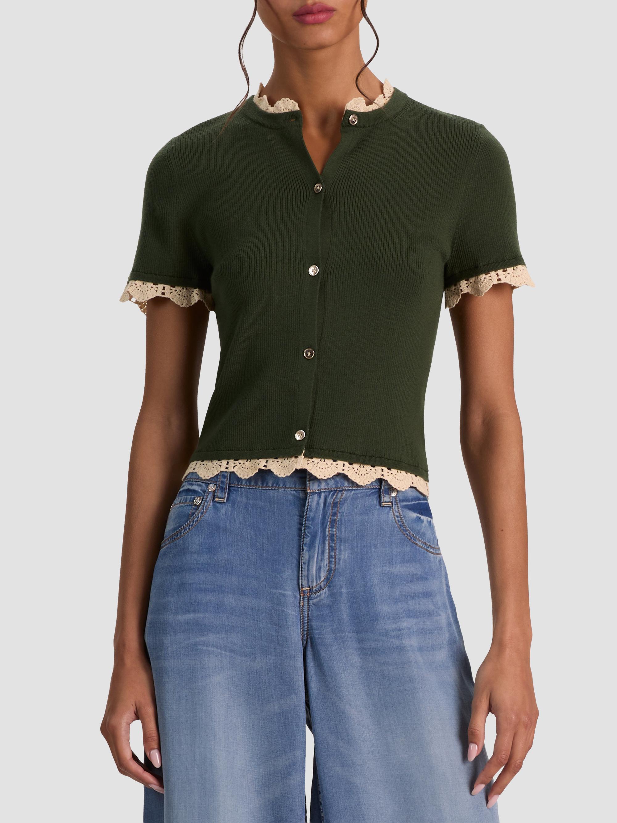 ALICE + OLIVIA Women's Ciara Contrast Lace-Trim Cardigan - Dark Fern Natural | Thumbnail 4