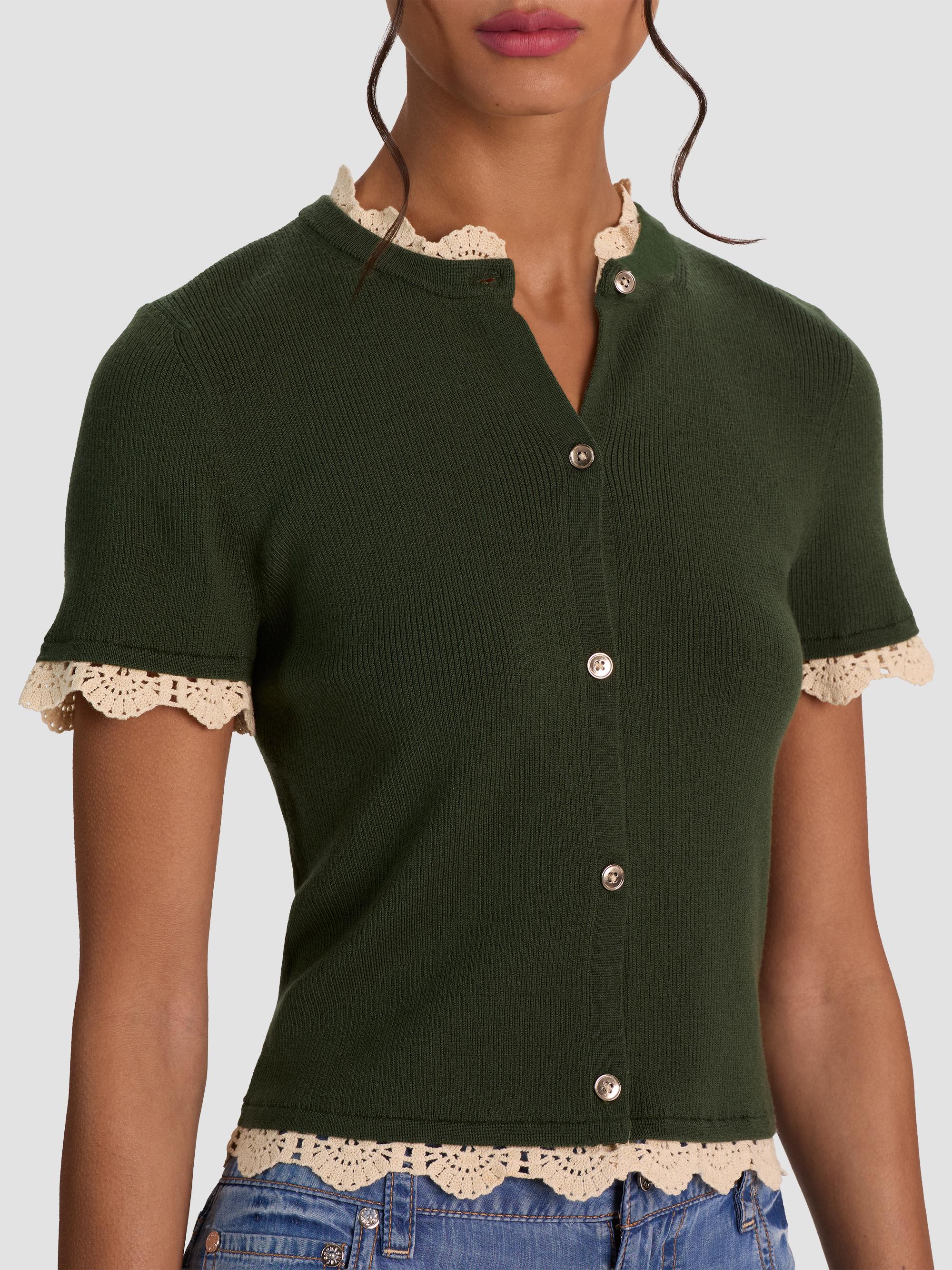 ALICE + OLIVIA Women's Ciara Contrast Lace-Trim Cardigan - Dark Fern Natural | Thumbnail 5
