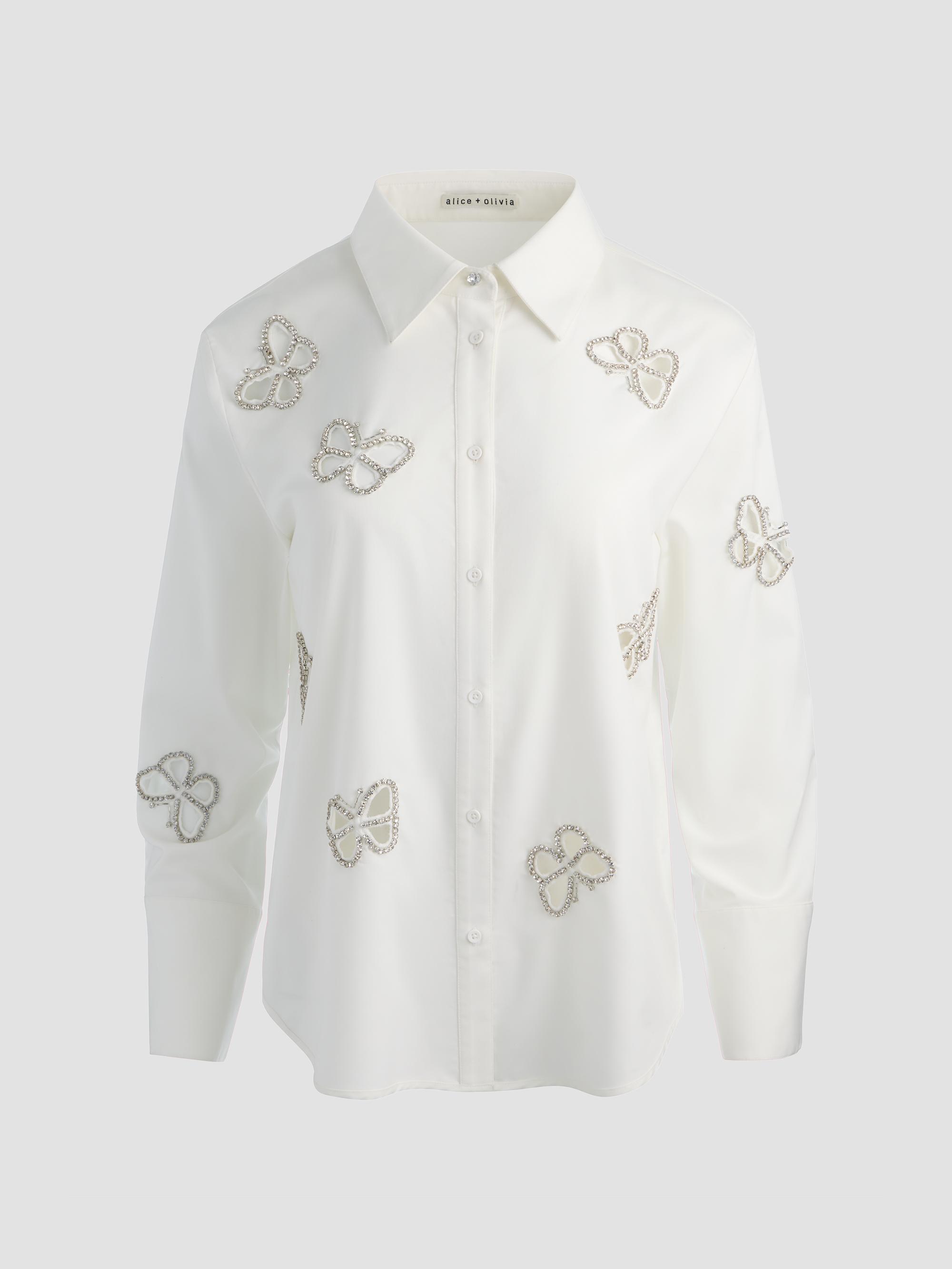 ALICE + OLIVIA Women's Finely Embellished Button-Front Shirt - Off White Silver Crystal | Thumbnail 7