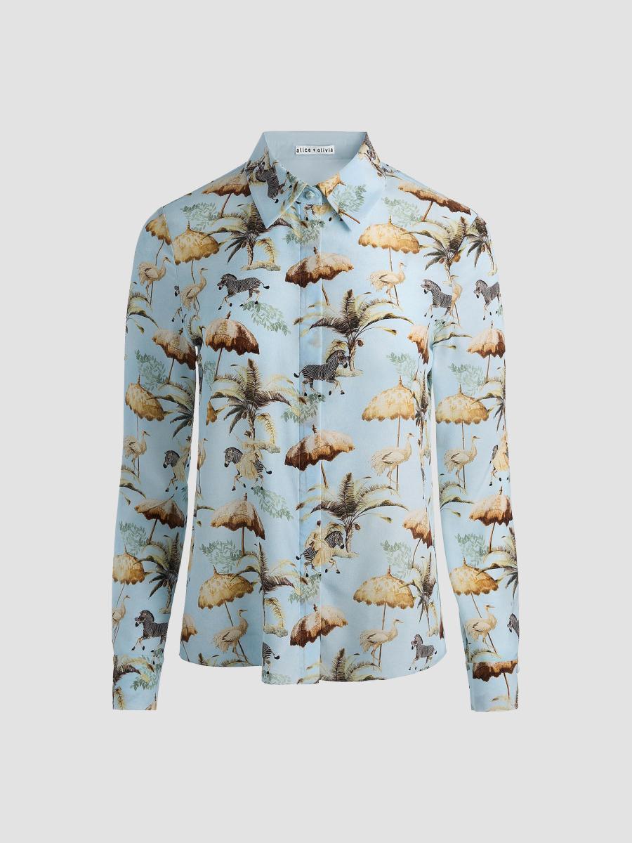ALICE + OLIVIA Willa Staceface Silk Button-Front Top | Saks Fifth
