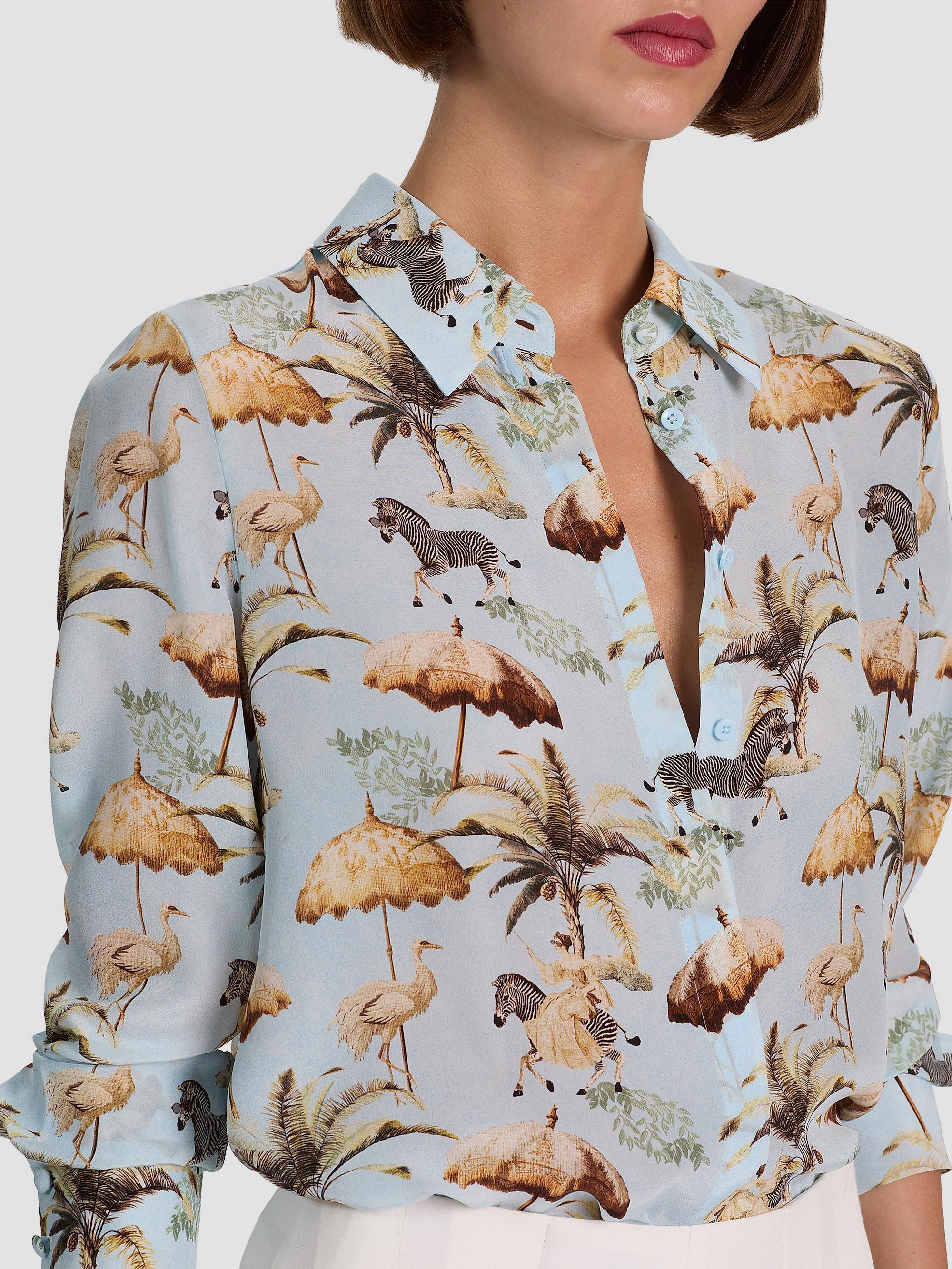 alice + olivia シルク100% フリル襟 アニマル柄　サファリ動物 ALICE + OLIVIA Willa Staceface Silk Button-Front Top | Saks Fifth