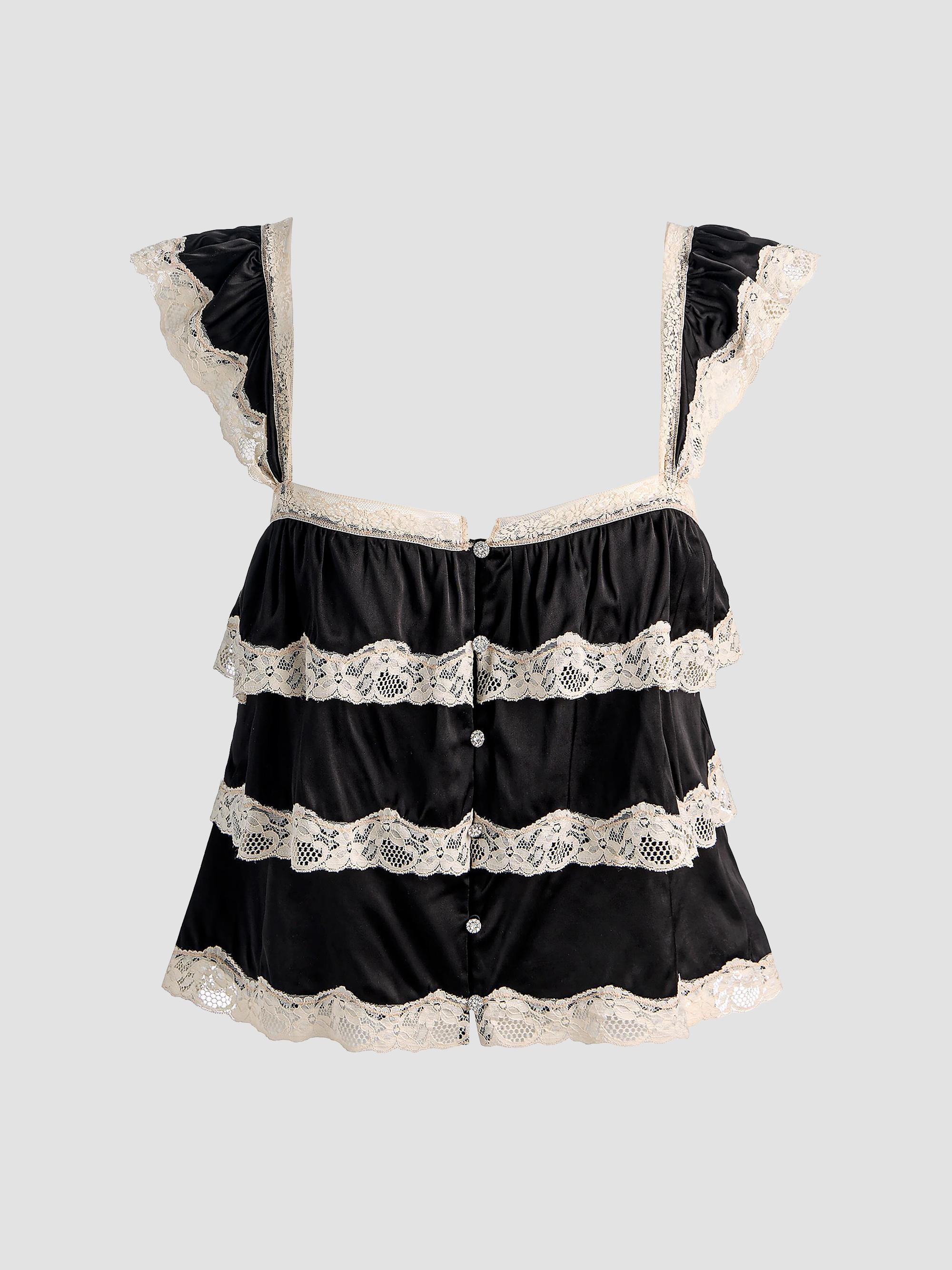 ALICE + OLIVIA Women's Sylvie Tiered Lace Flutter Crop Top - Black - Size 14
