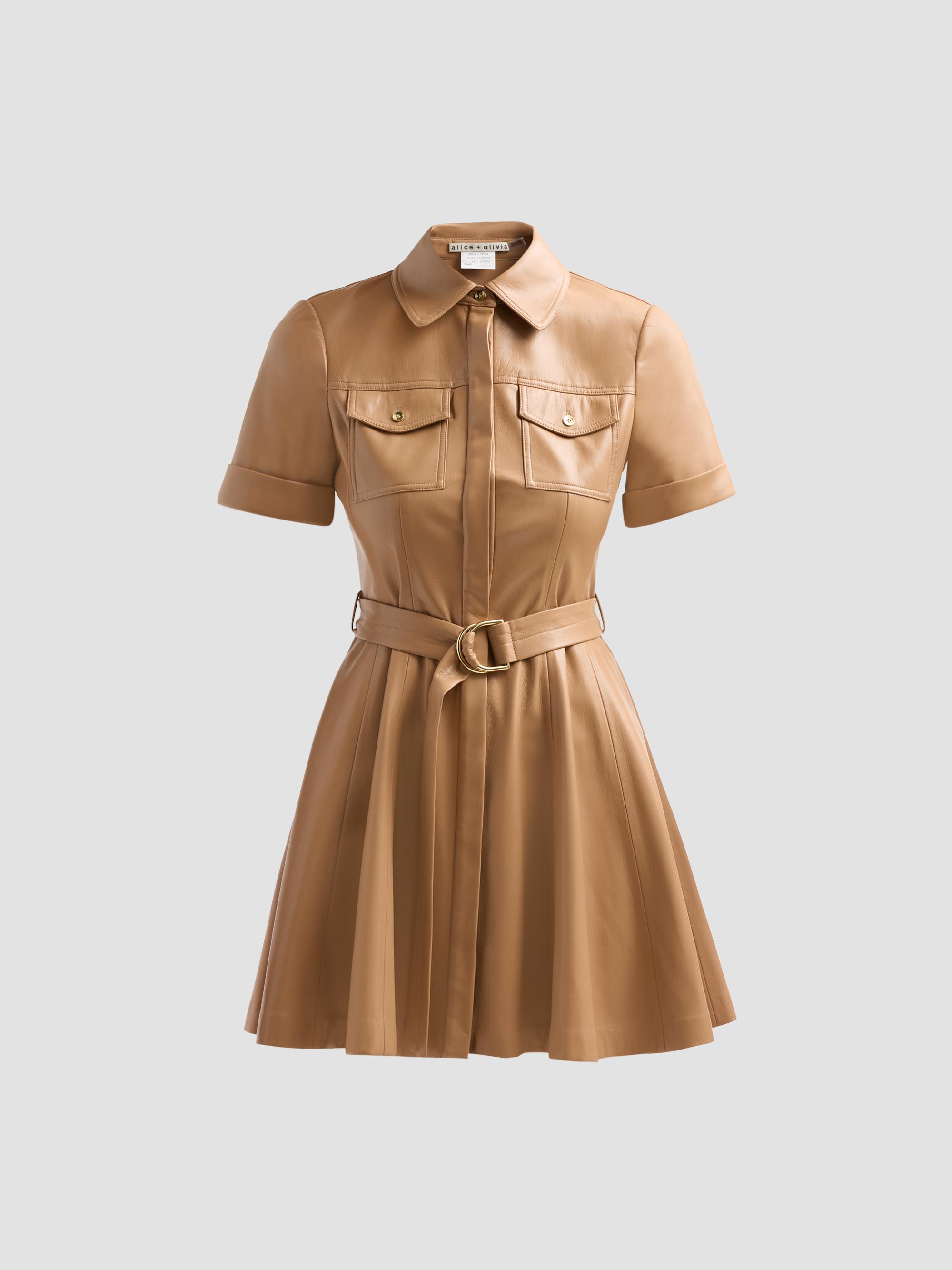 ALICE + OLIVIA Women's Lucy Faux Leather Belted Mini Shirtdress - Tan