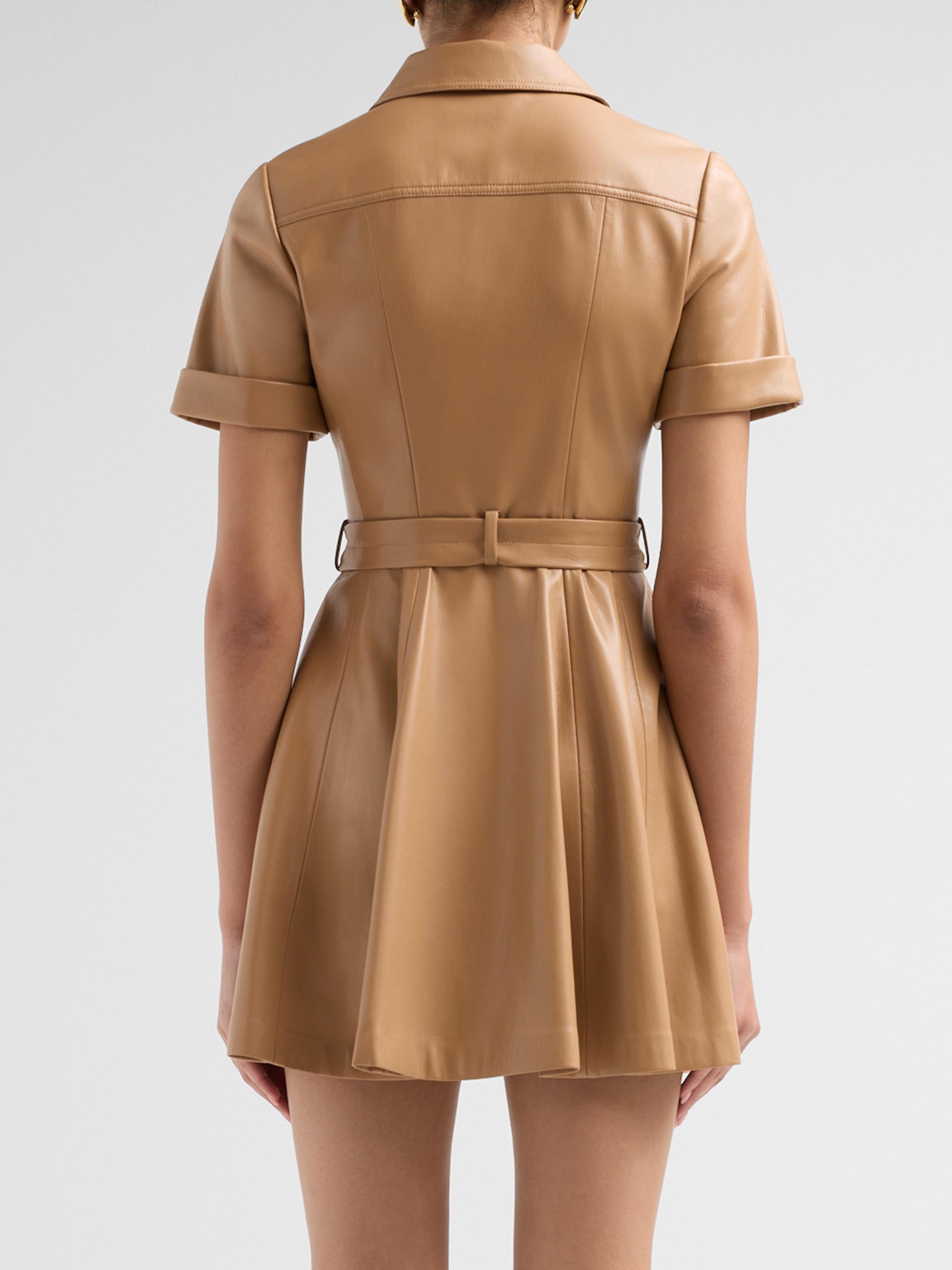ALICE + OLIVIA Women's Lucy Faux Leather Belted Mini Shirtdress - Tan | Thumbnail 3
