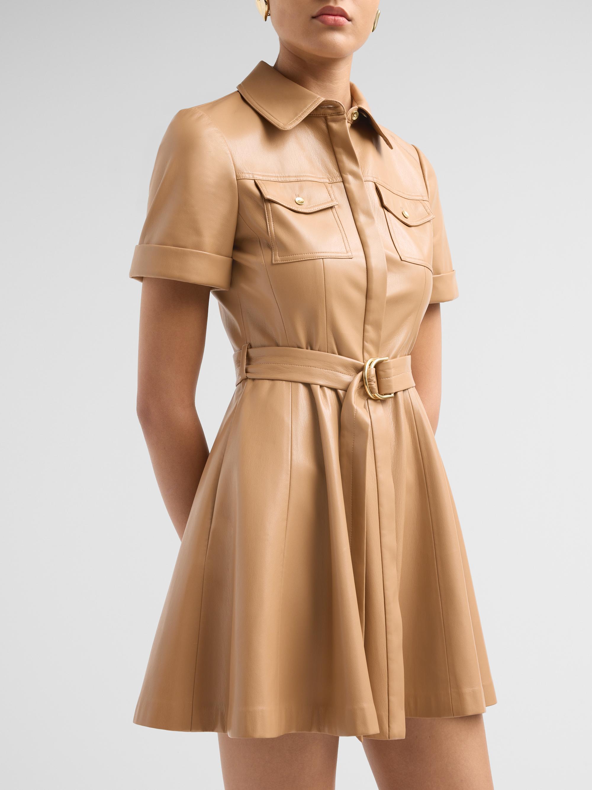 ALICE + OLIVIA Women's Lucy Faux Leather Belted Mini Shirtdress - Tan | Thumbnail 5