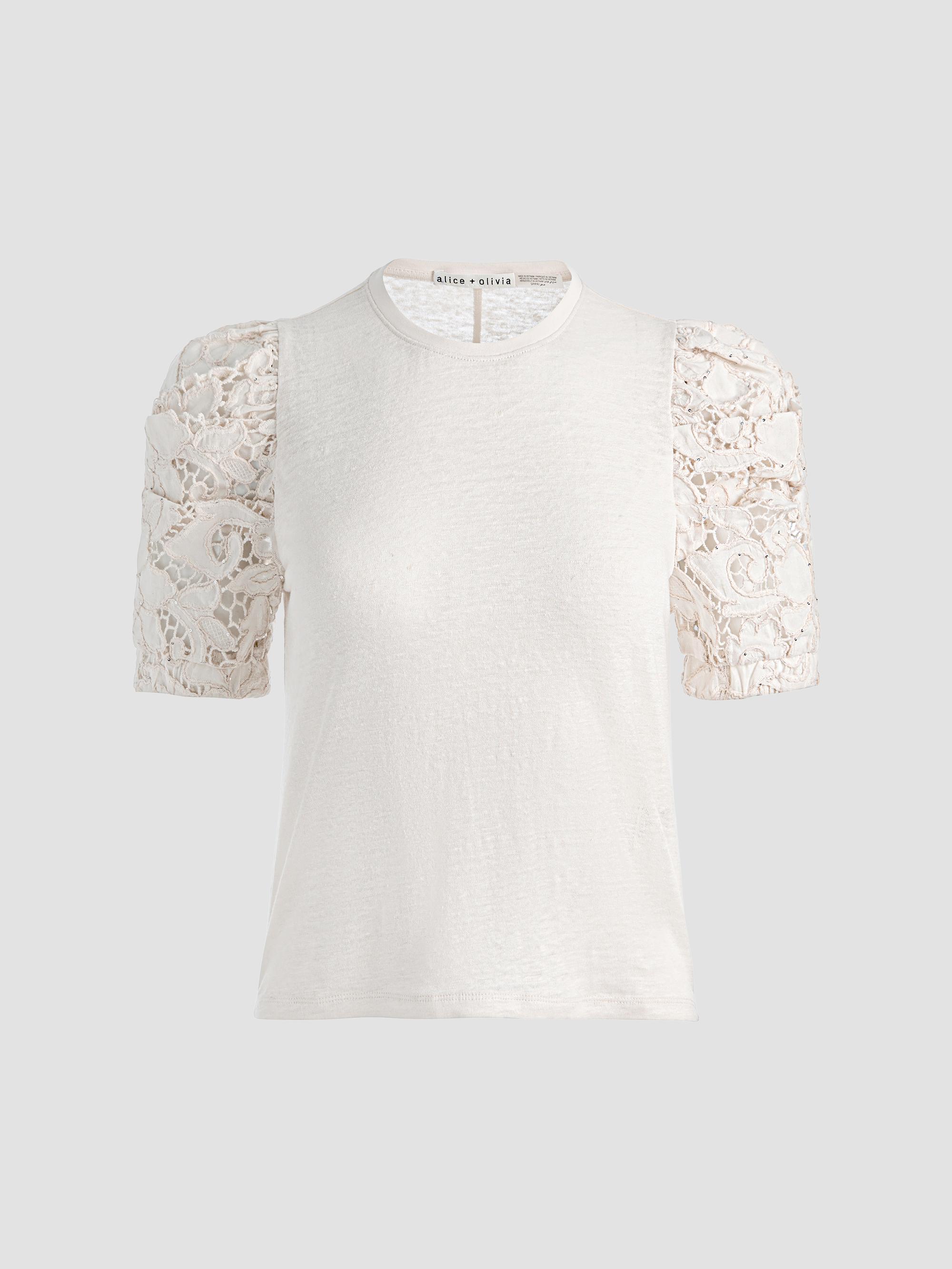ALICE + OLIVIA Women's Tyler Lace-Sleeve Crewneck Top - Natural