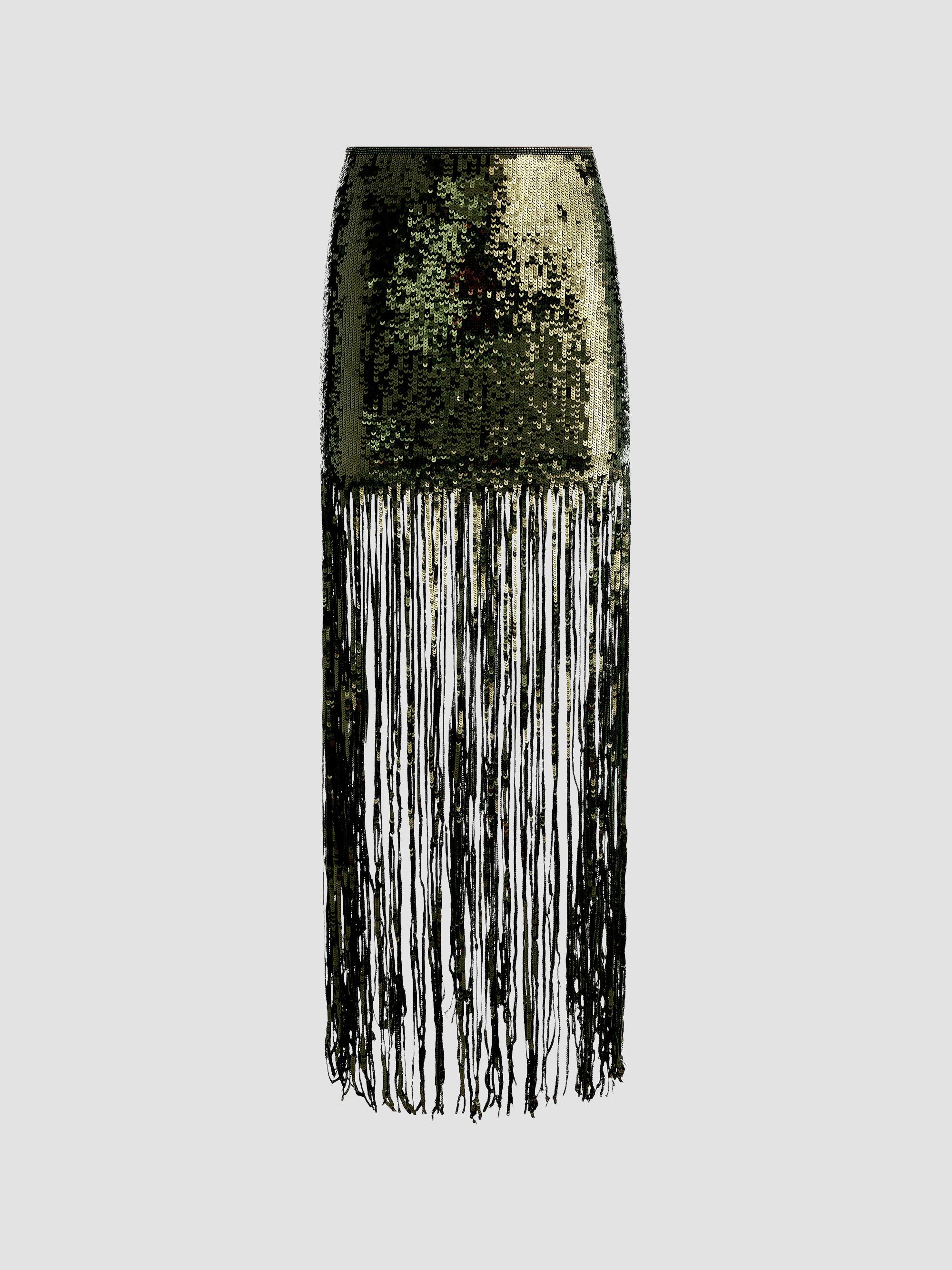 ALICE + OLIVIA Women's Kendra Sequin Fringe Maxi Skirt - Dark Fern | Thumbnail 7