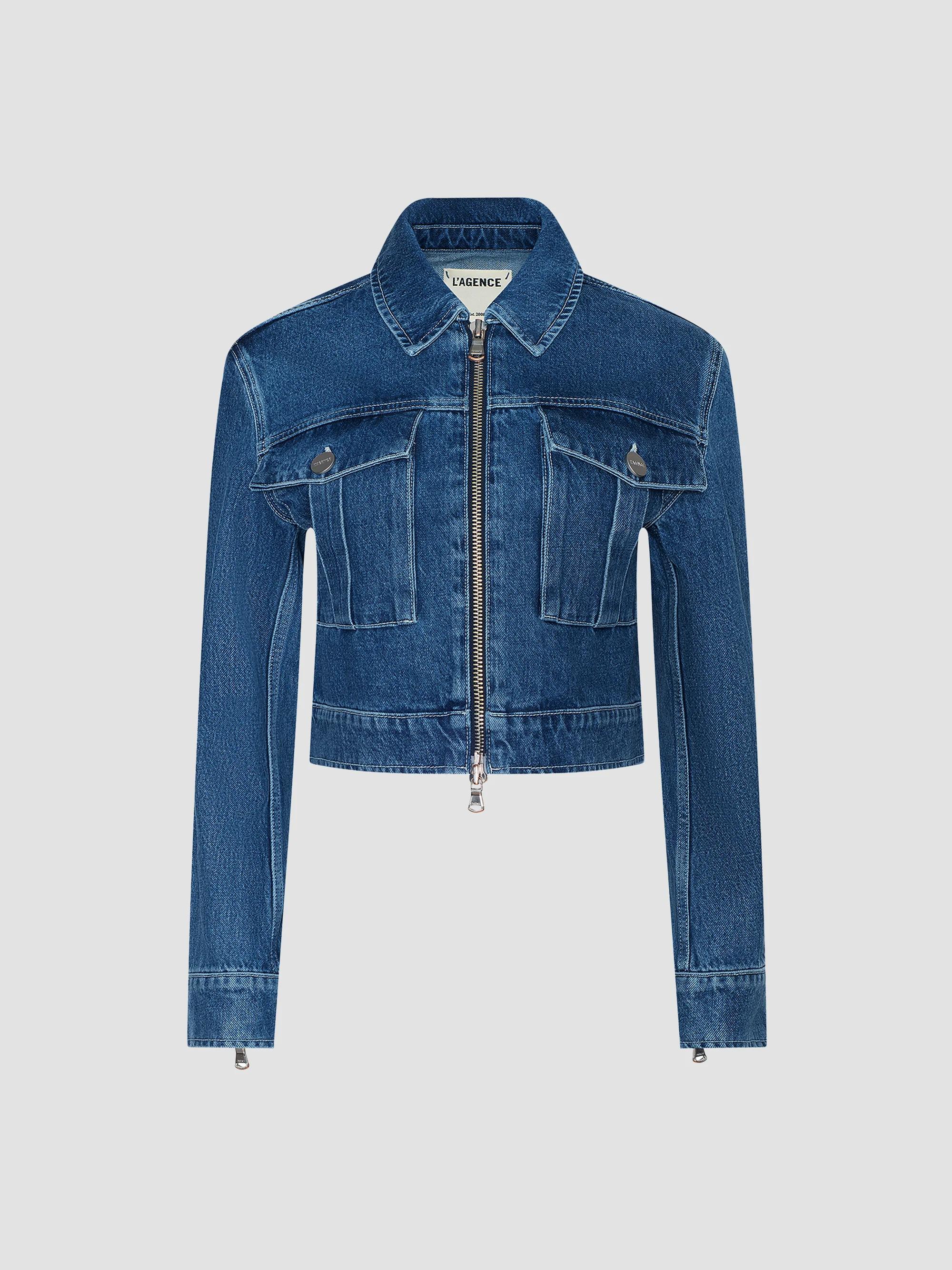 L'AGENCE Maddox Cropped Double-Breasted Denim Jacket | Saks Fifth