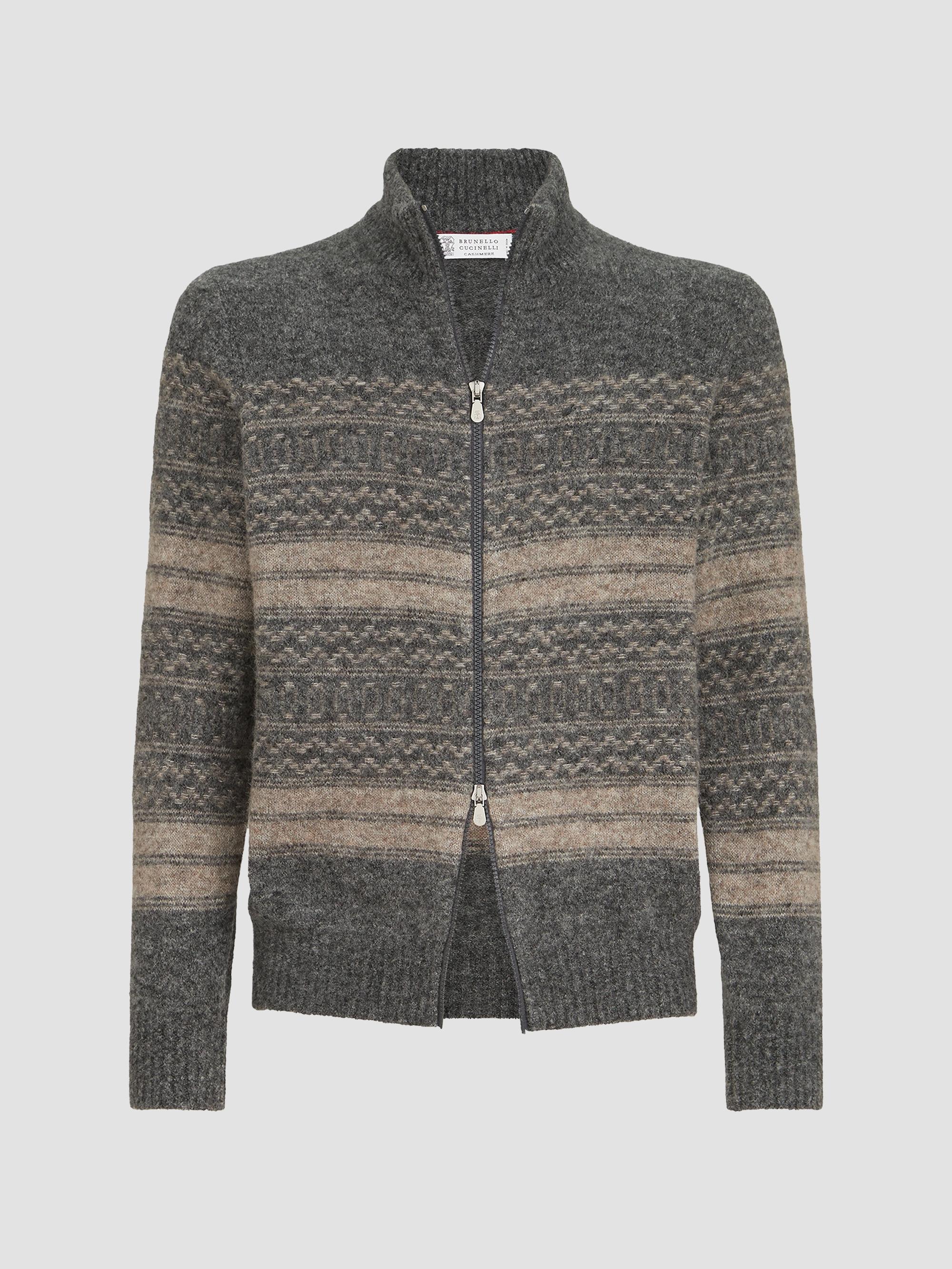 Brunello Cucinelli Men's Nordic Jacquard High-Neck Cardigan with Zip - Black Multi | Thumbnail 7