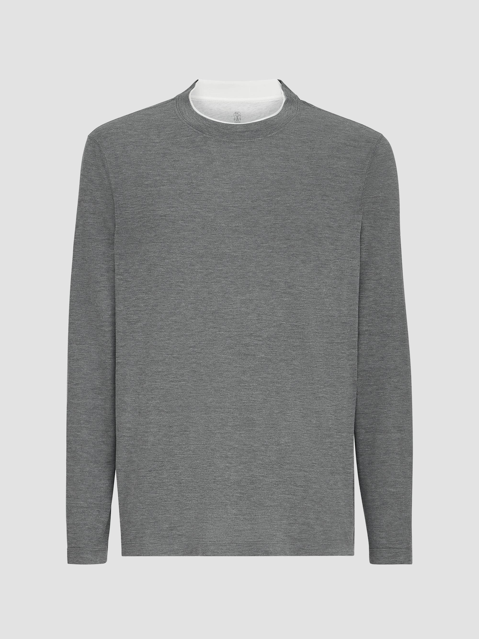 Brunello Cucinelli Men's Silk and Cotton Lightweight Jersey Long Sleeve Crewneck T-Shirt - Grey | Thumbnail 7