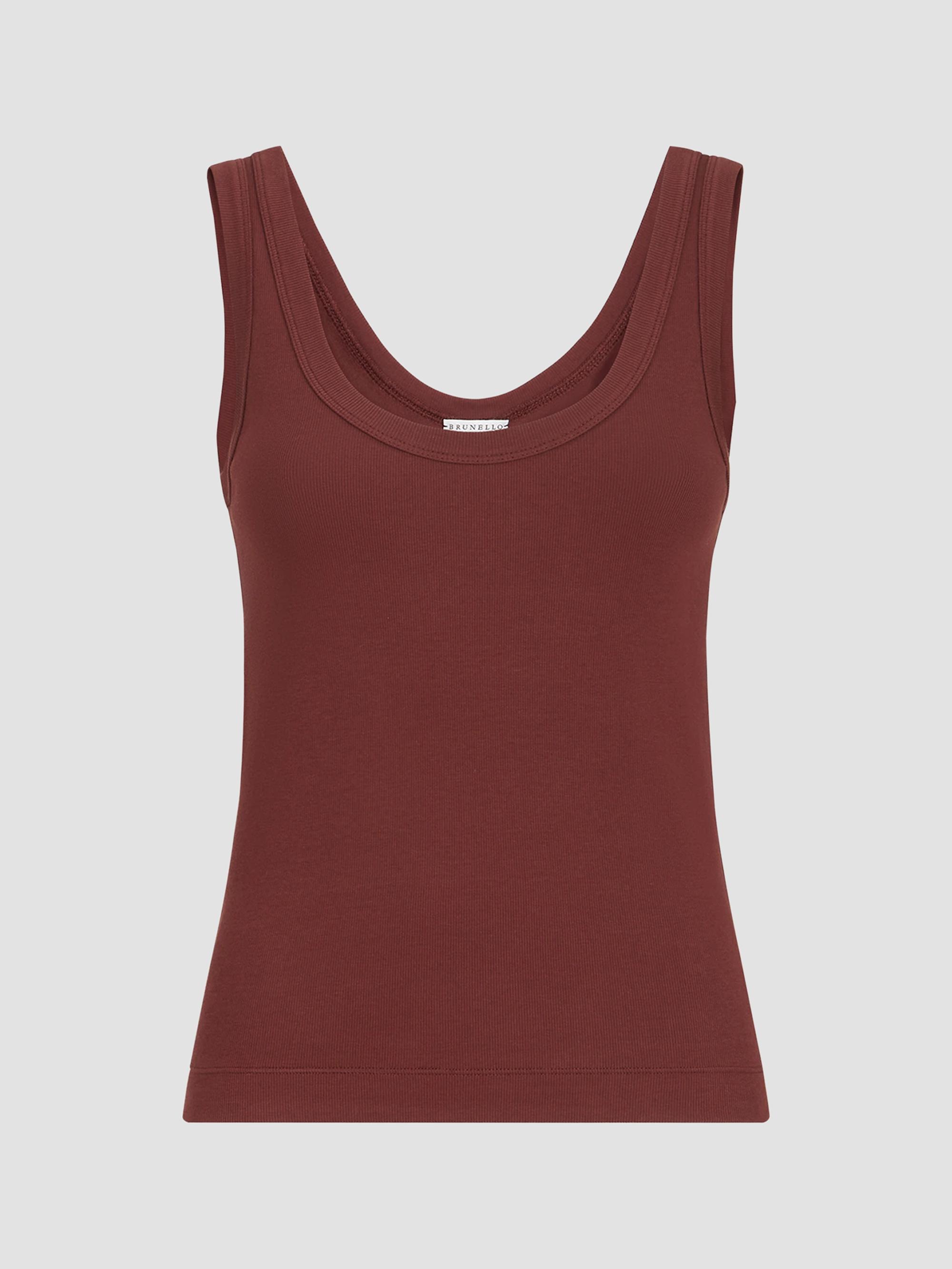Brunello Cucinelli Women's Stretch Cotton Ribbed Jersey Top with Monili - Wine | Thumbnail 7
