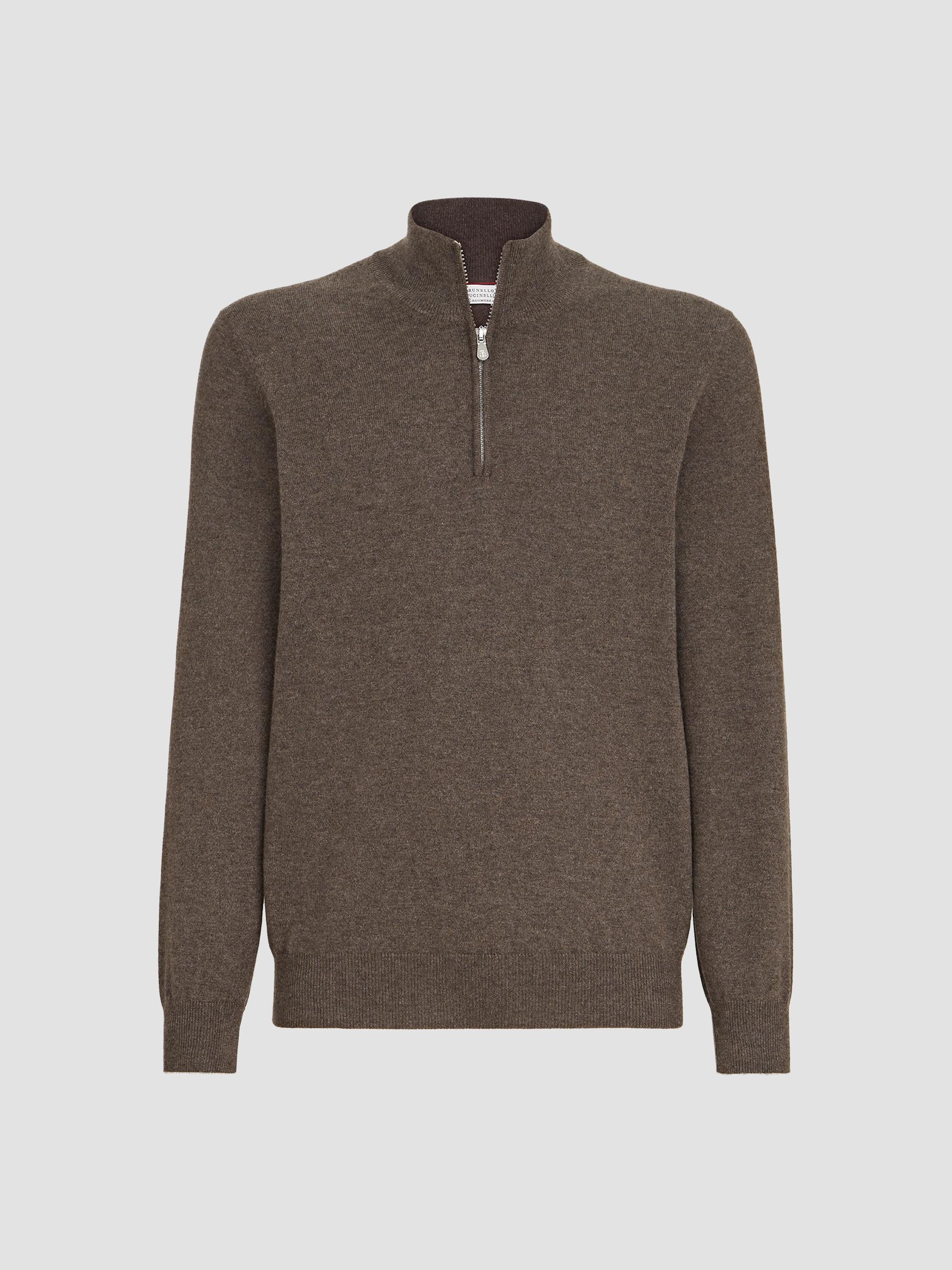 Brunello Cucinelli Men's Cashmere Sweater with Half Zip - Brown