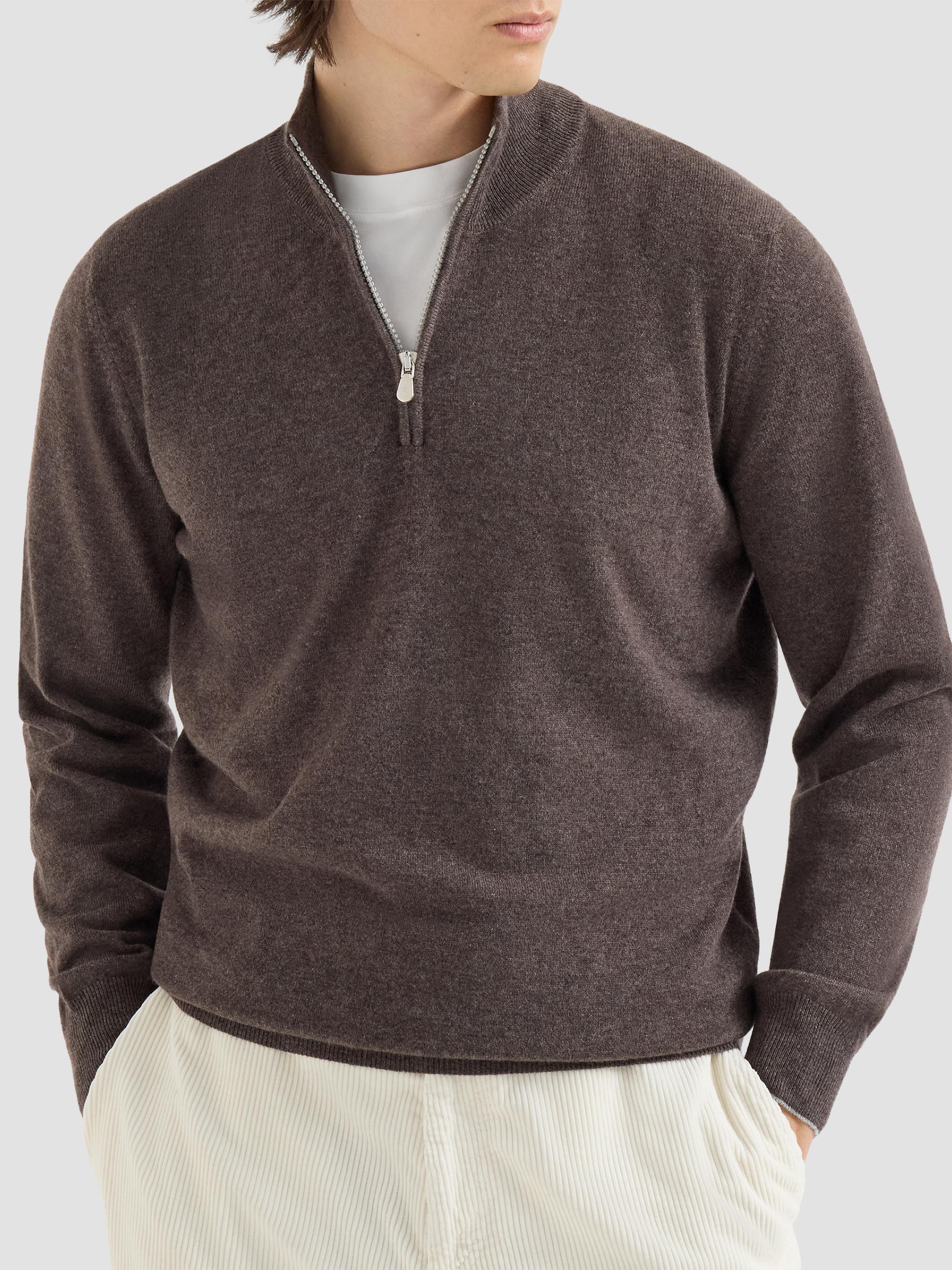 Brunello Cucinelli Men's Cashmere Sweater with Half Zip - Brown | Thumbnail 2