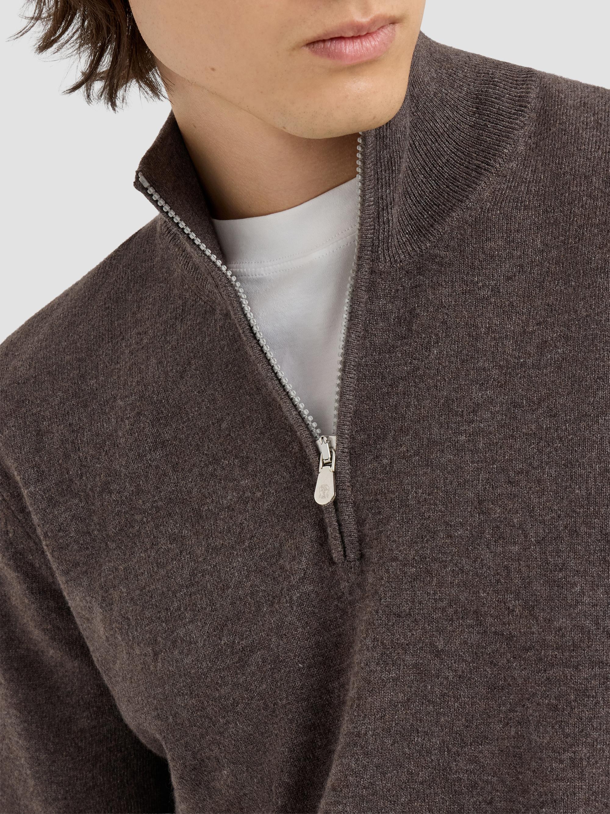 Brunello Cucinelli Men's Cashmere Sweater with Half Zip - Brown | Thumbnail 4