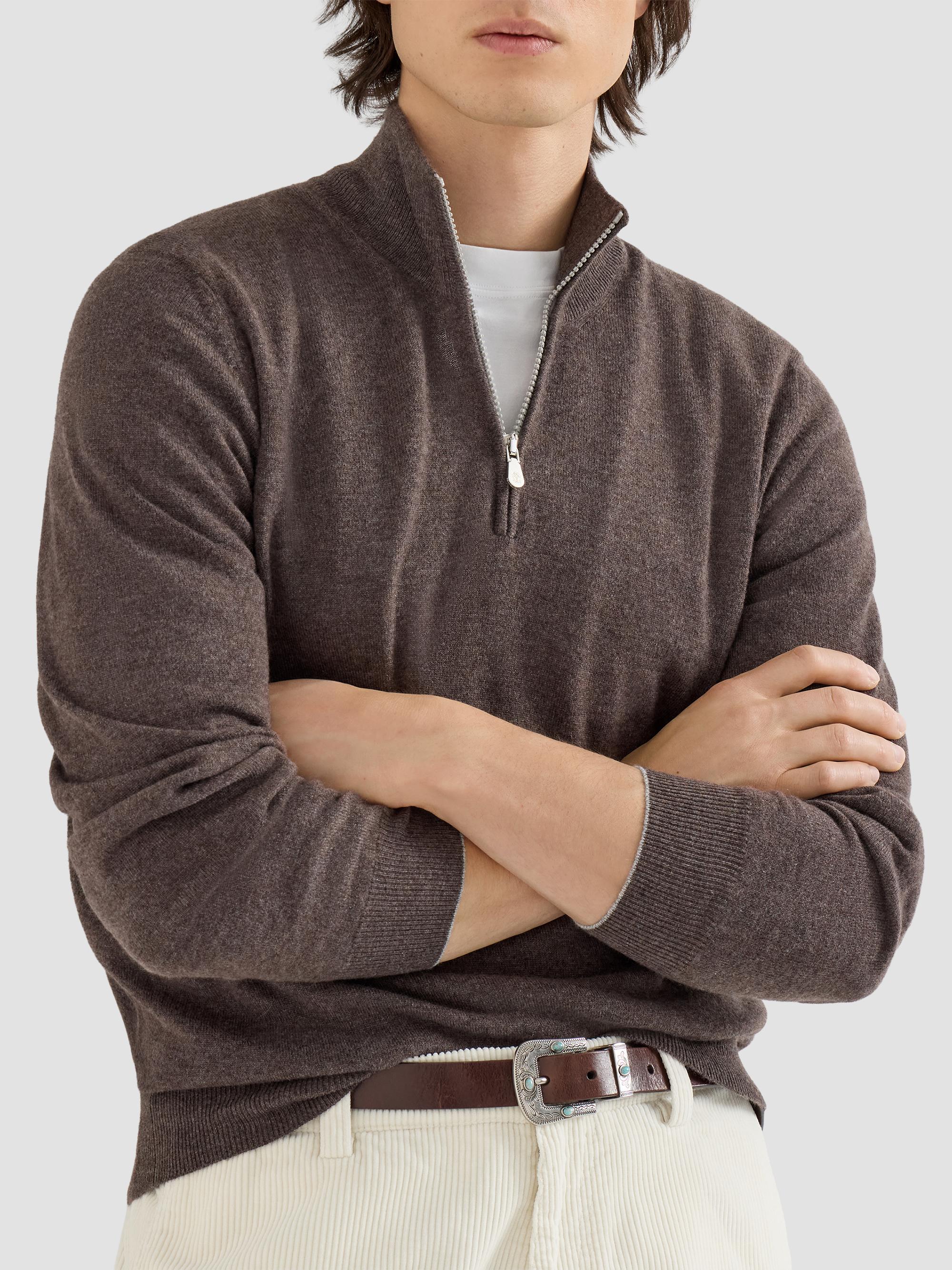 Brunello Cucinelli Men's Cashmere Sweater with Half Zip - Brown | Thumbnail 5