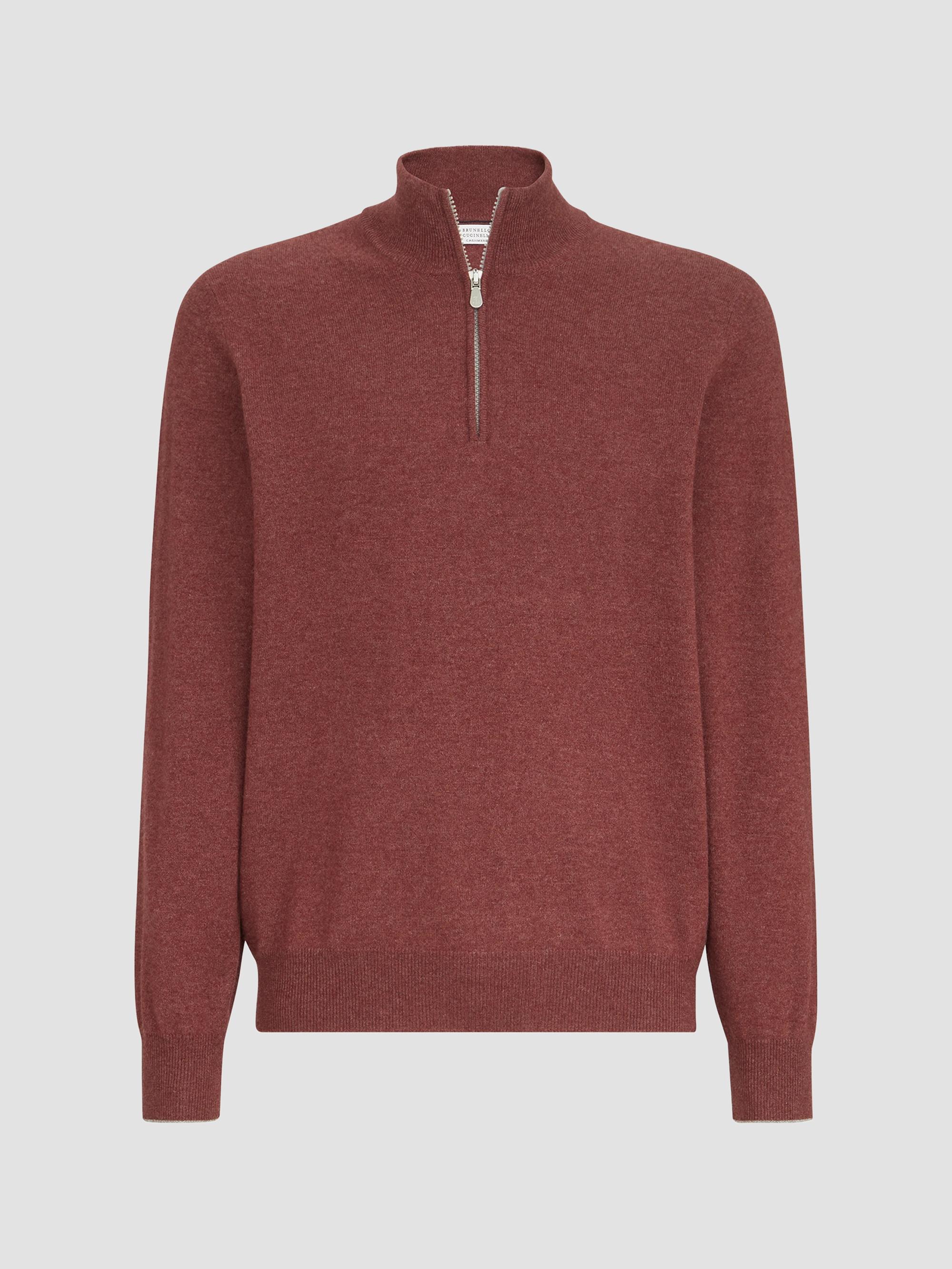 Brunello Cucinelli Men's Cashmere Sweater with Half Zip - Burgundy
