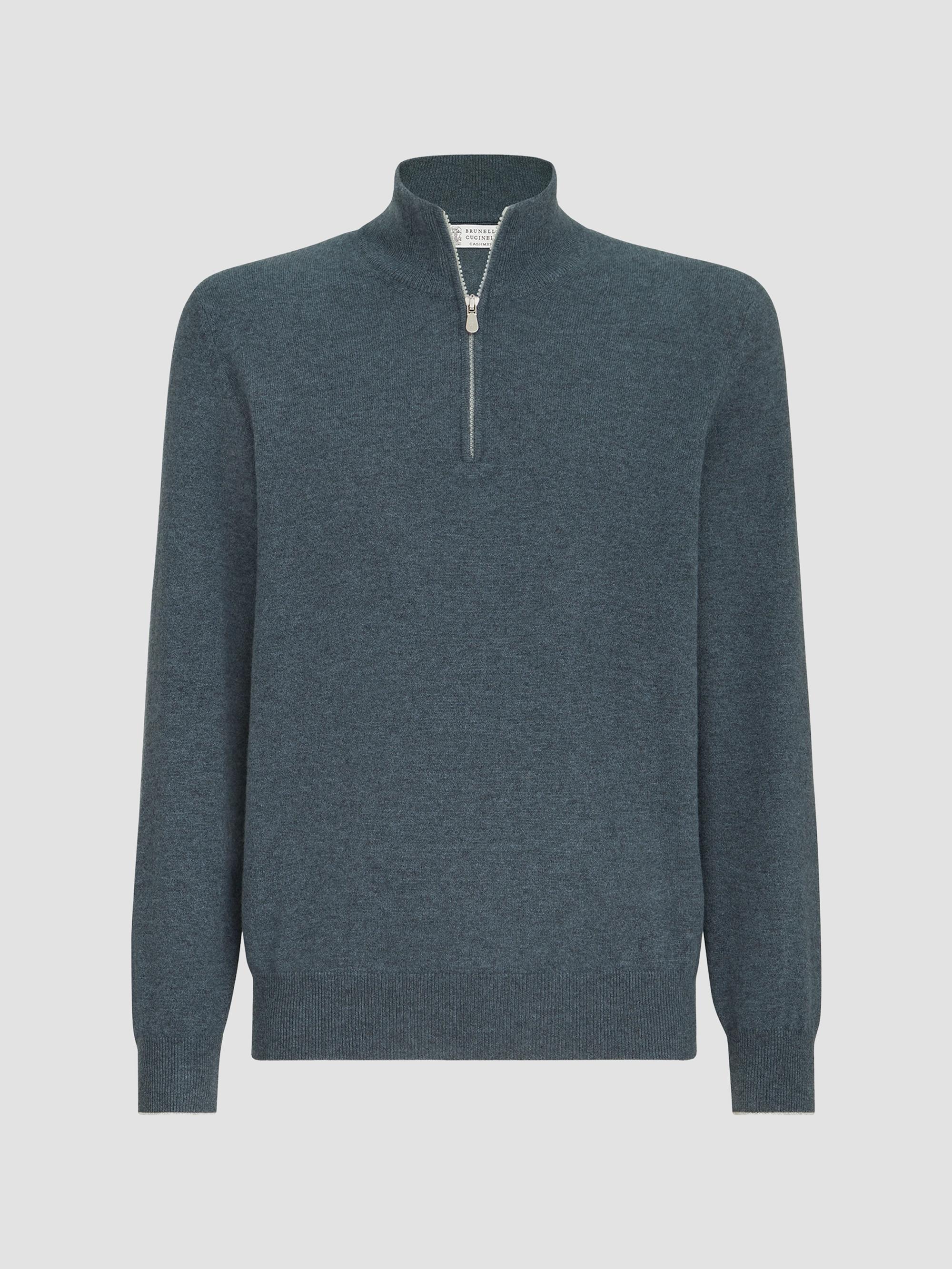 Brunello Cucinelli Men's Cashmere Sweater with Half Zip - Cerulean | Thumbnail 7