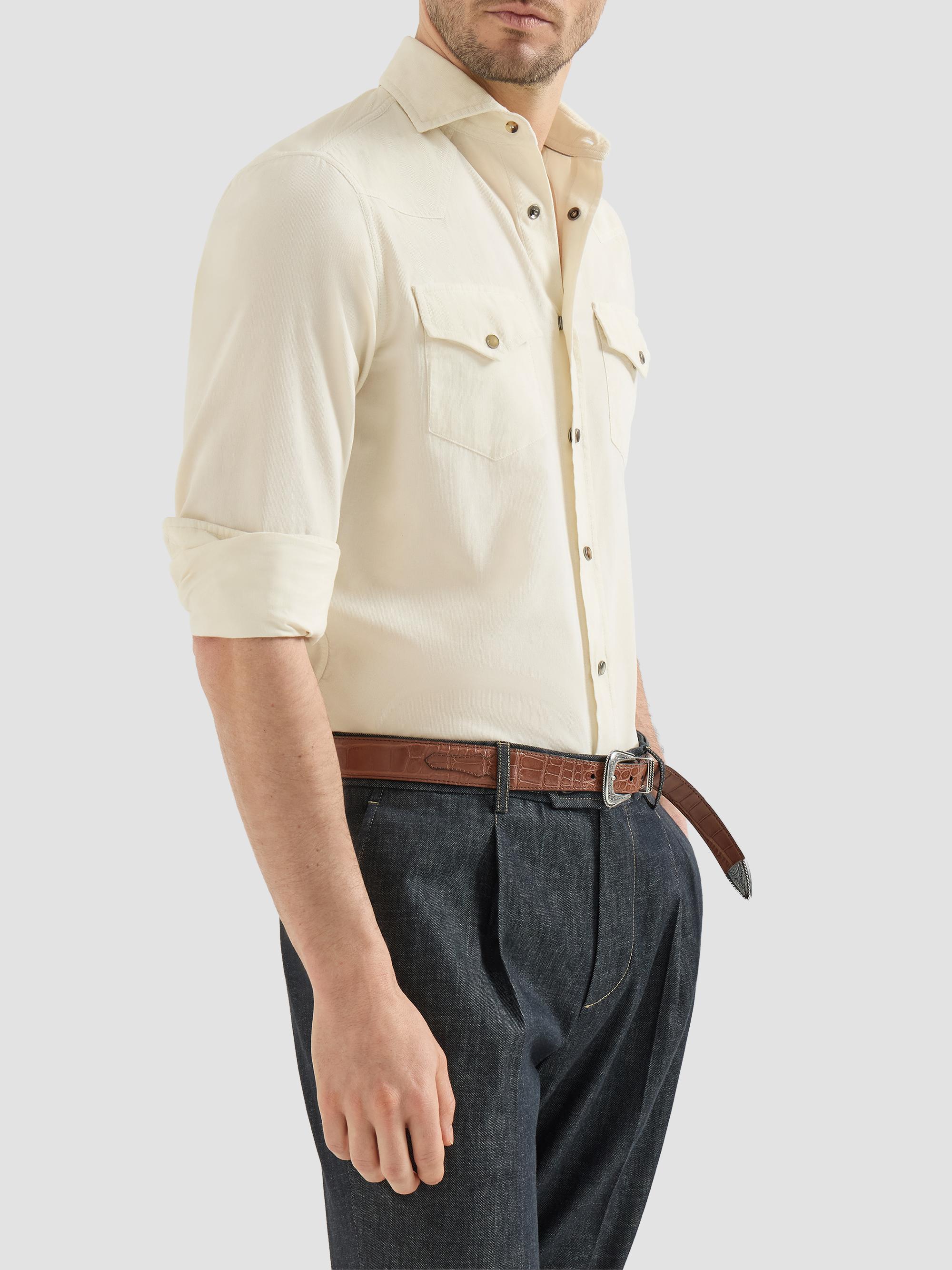 Brunello Cucinelli Men's Garment Dyed Easy Fit Western Shirt - Panama | Thumbnail 4