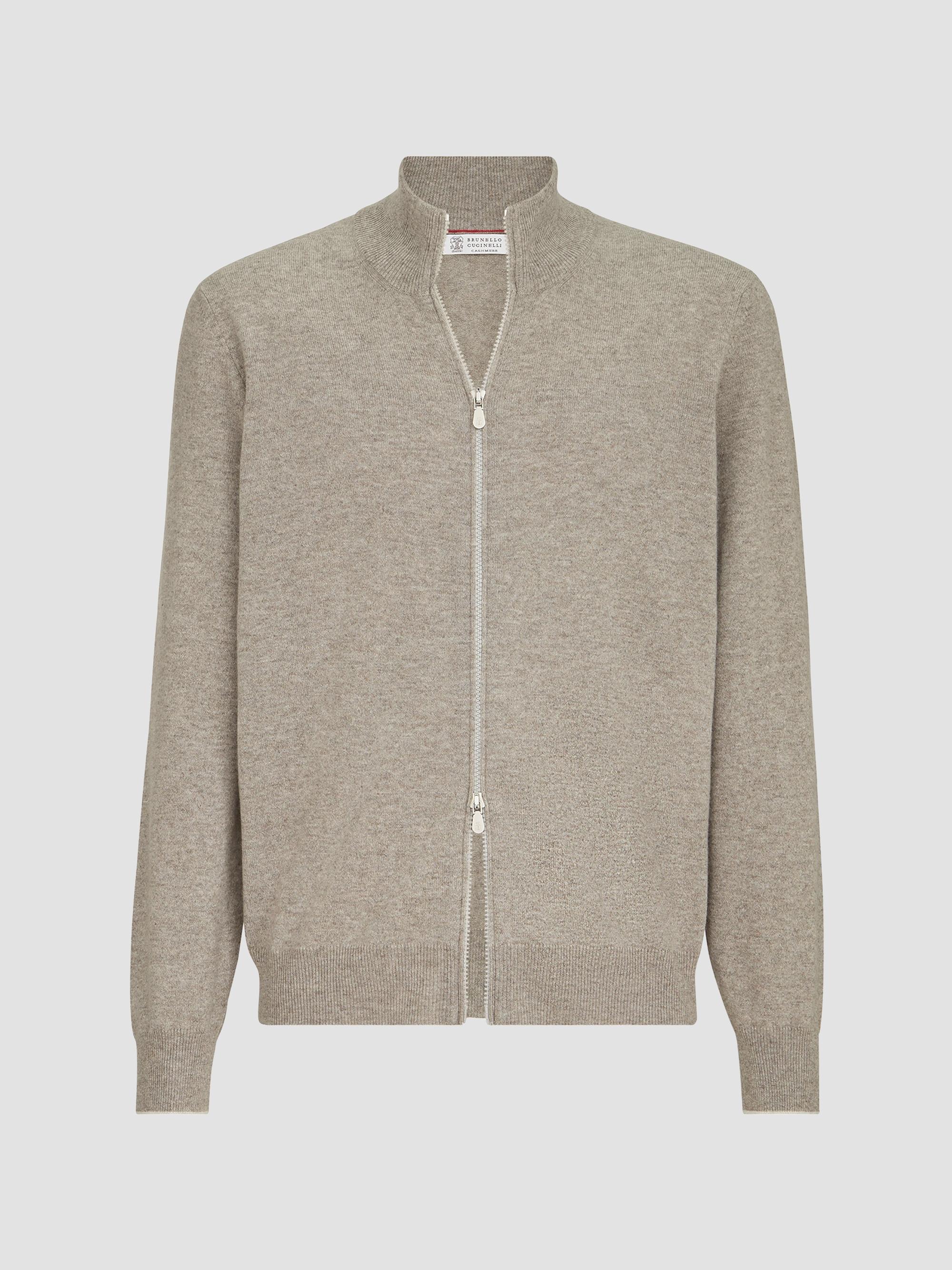 Brunello Cucinelli Men's Cashmere High-Neck Cardigan with Zipper - Beige
