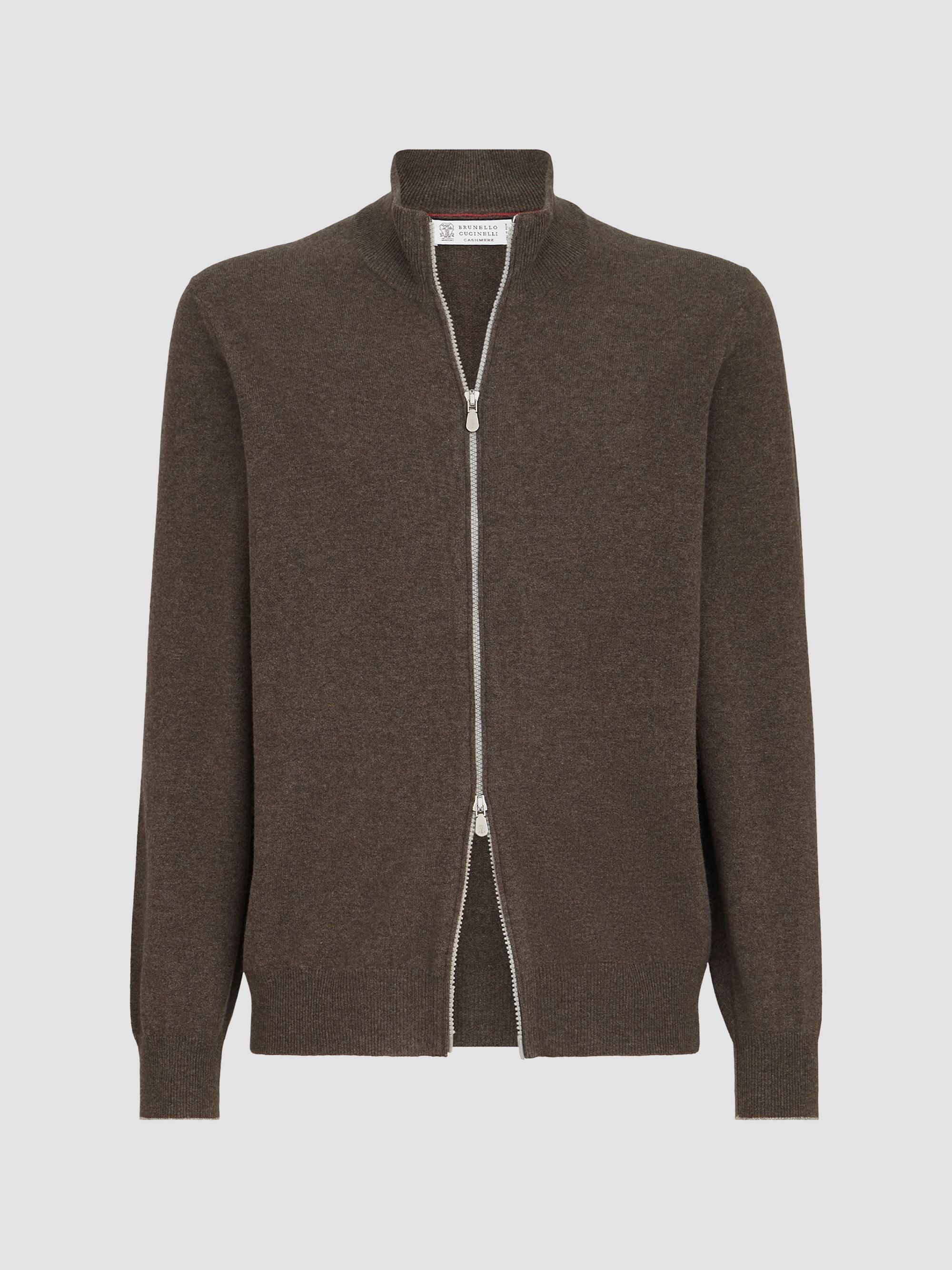 Brunello Cucinelli Men's Cashmere High-Neck Cardigan with Zipper - Brown