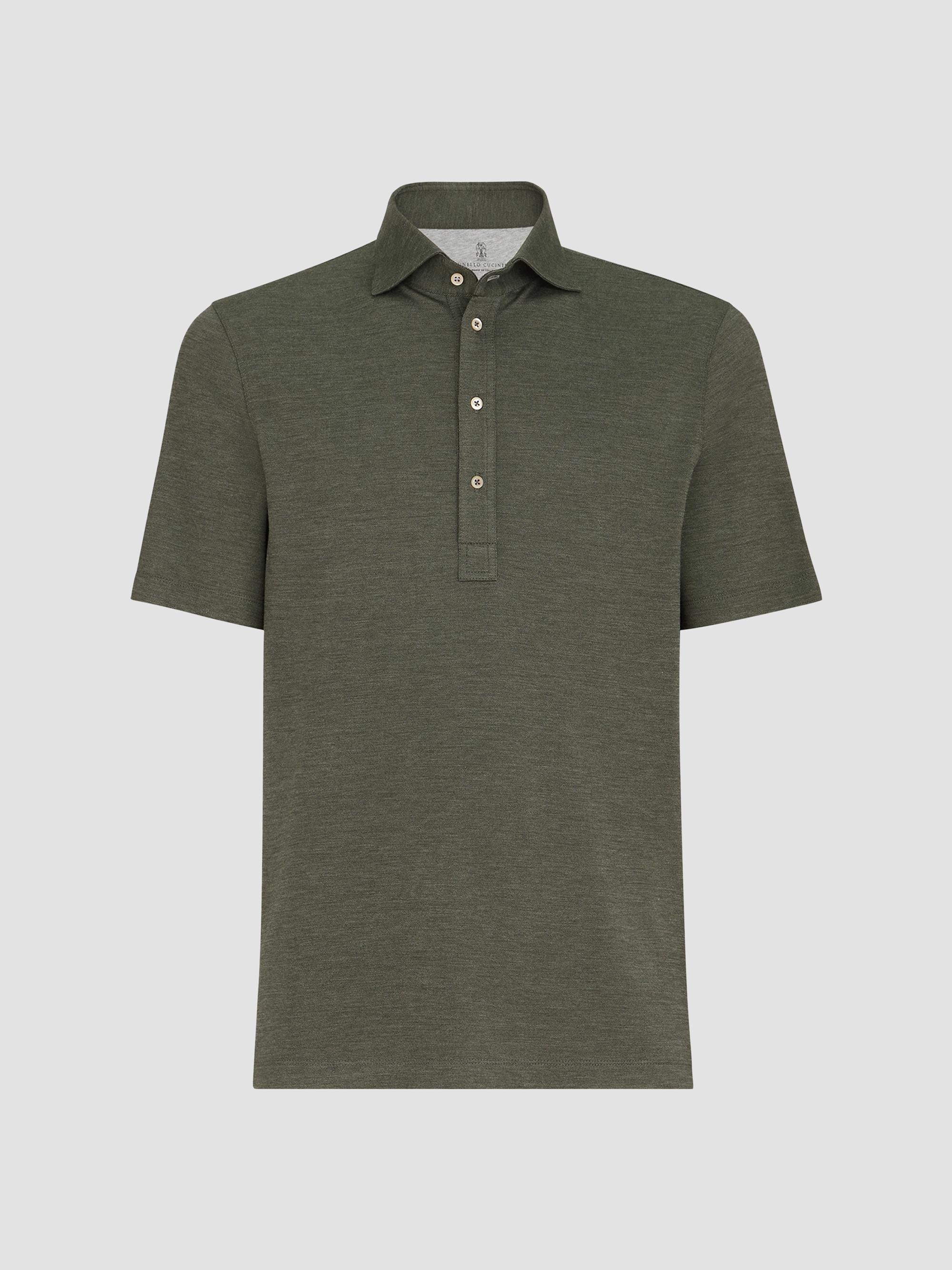 Brunello Cucinelli Men's Virgin Wool, Silk and Cotton Piqué Polo Shirt - Military