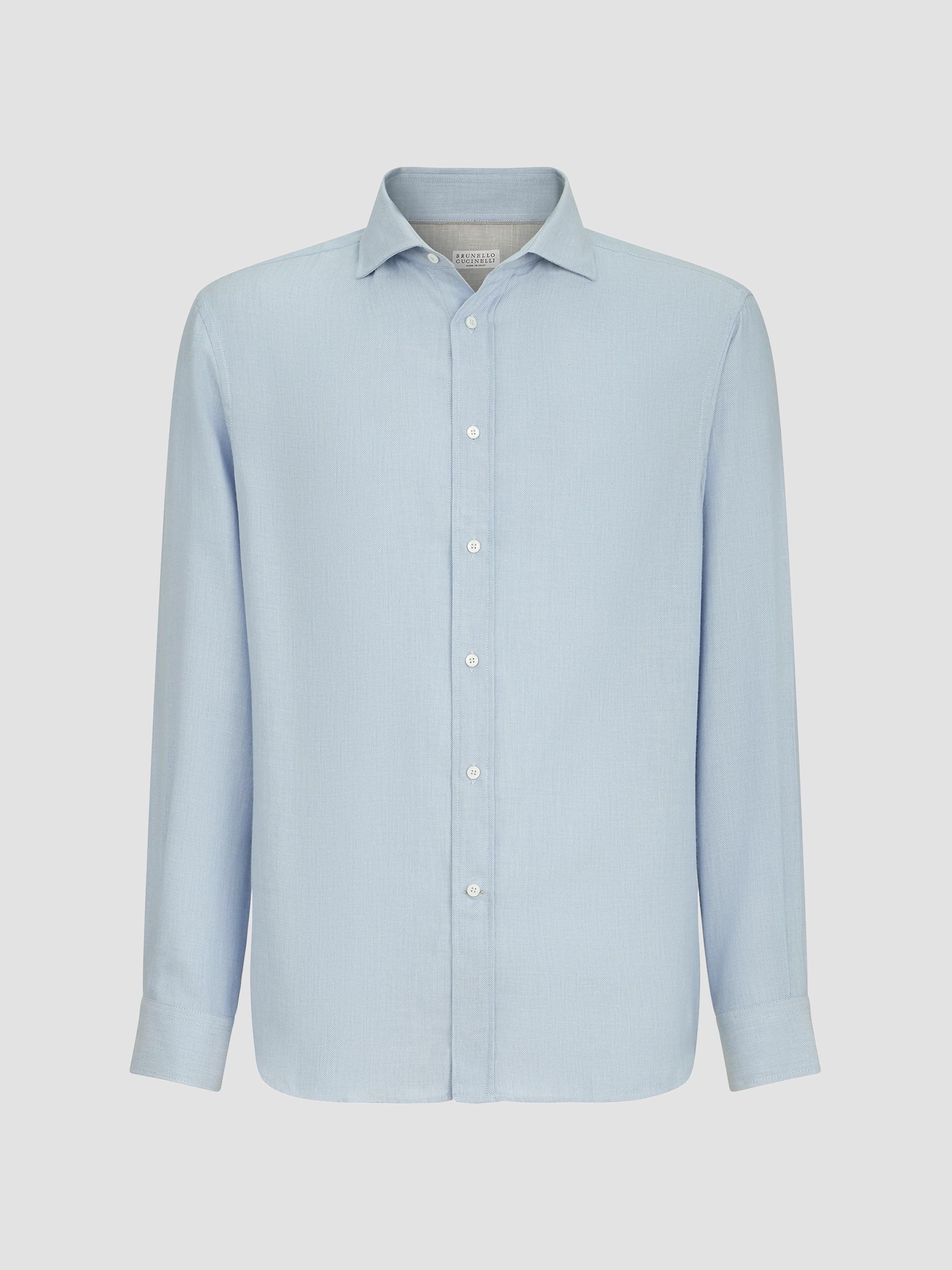 Brunello Cucinelli Men's Cotton and Cashmere Denim-Effect Diagonal Shirt - Sky Blue