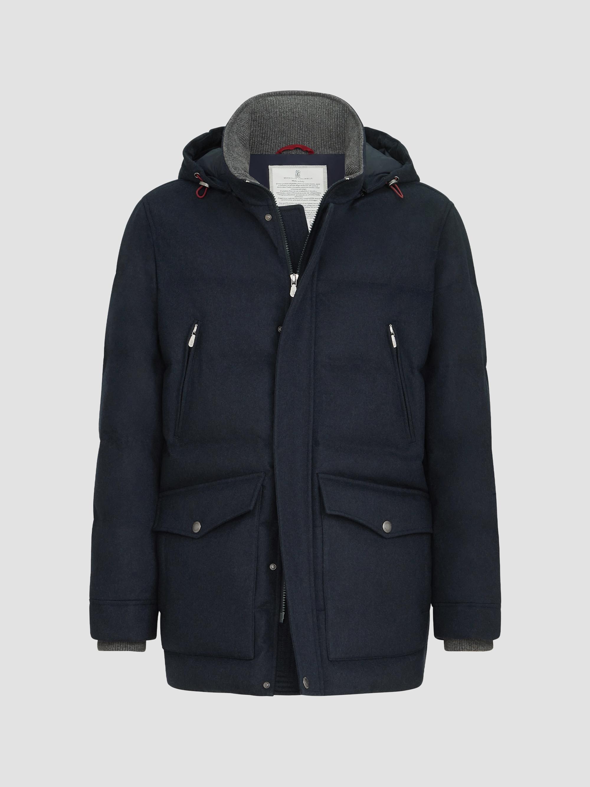 Brunello Cucinelli Men's Bonded Wool Flannel Down Parka Jacket - Blue