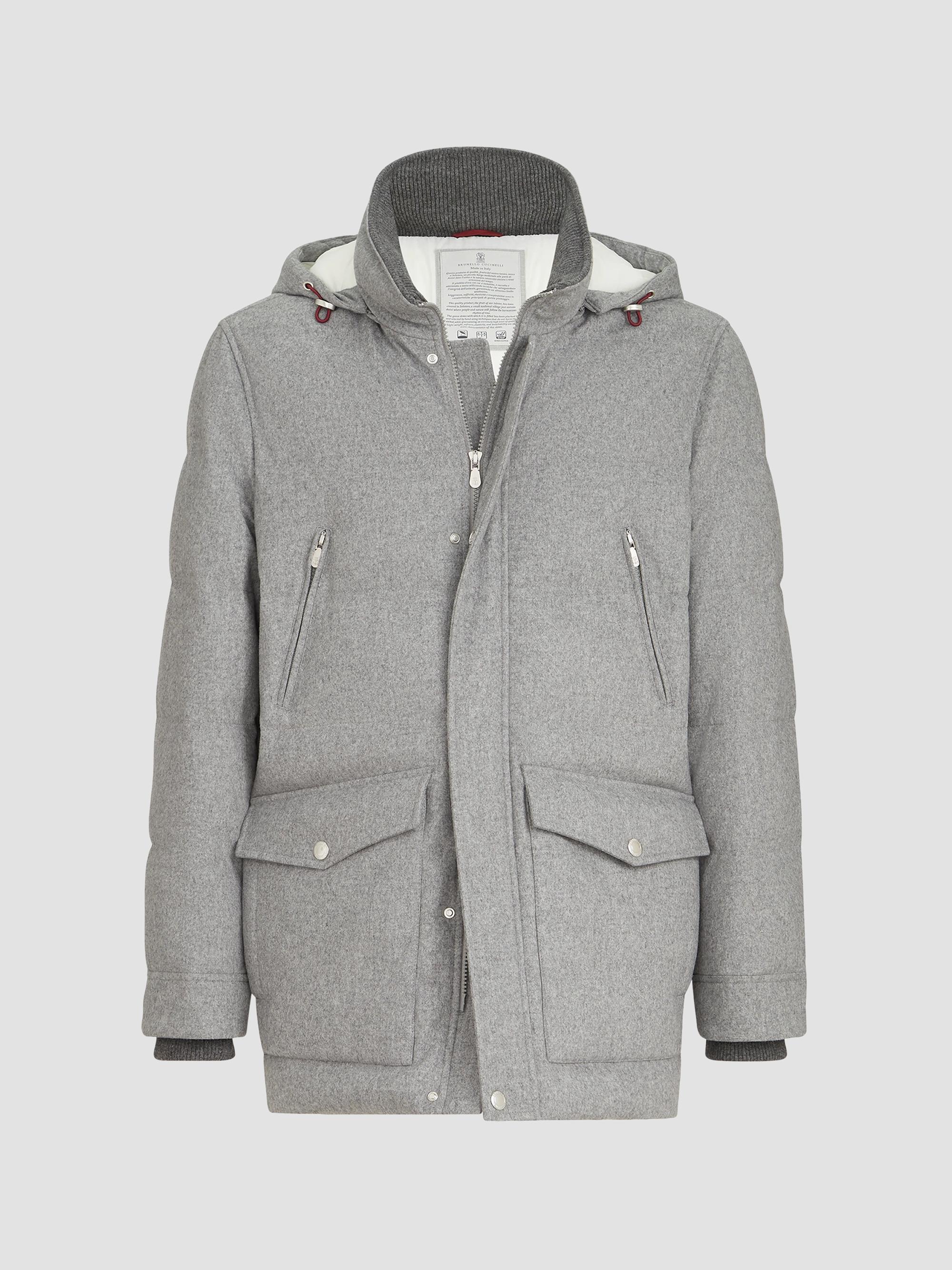 Brunello Cucinelli Men's Bonded Wool Flannel Down Parka Jacket - Light Grey