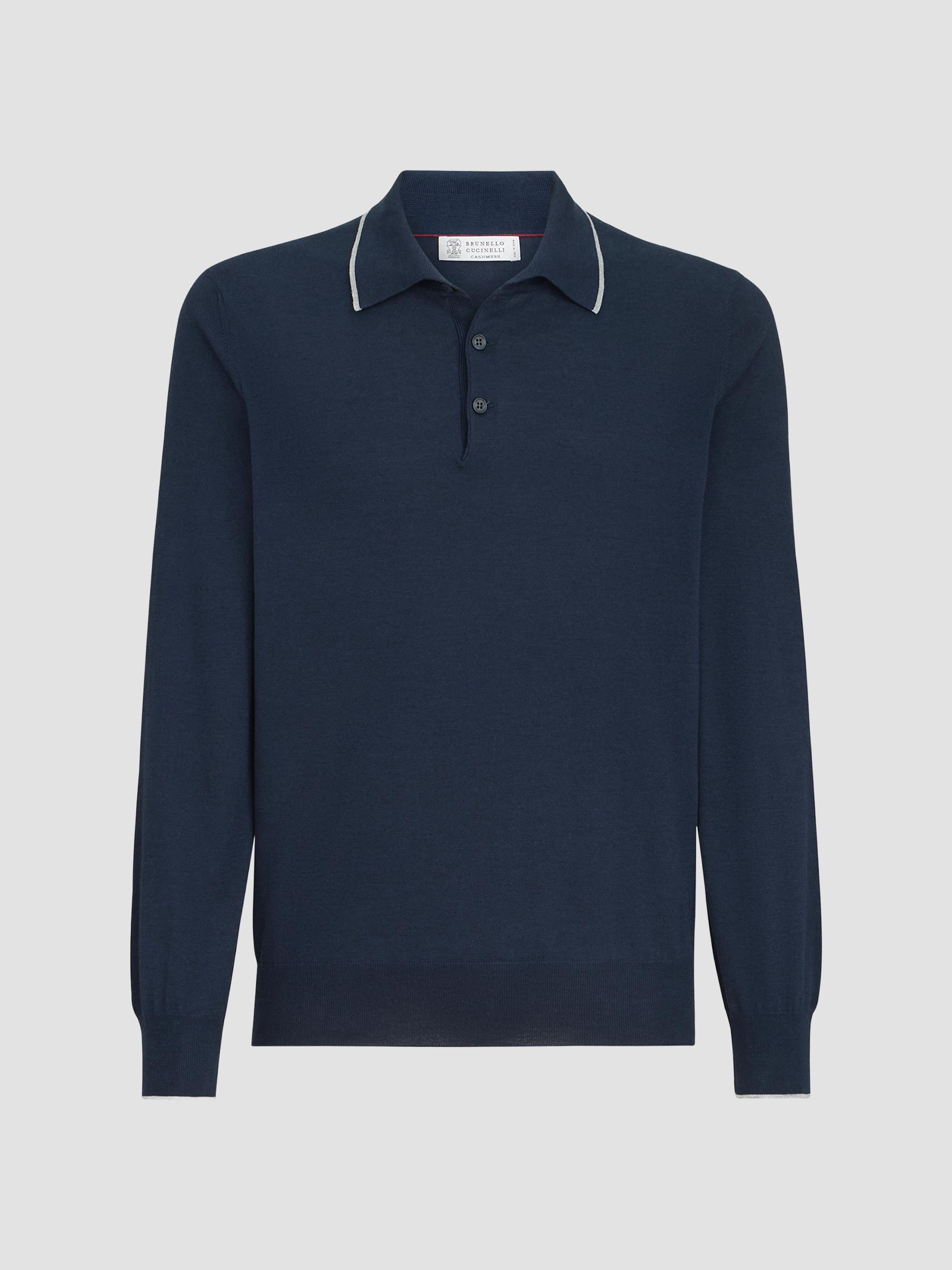 Brunello Cucinelli Men's Sea Island Cotton and Cashmere Lightweight Knit Polo Shirt - Avio Blue