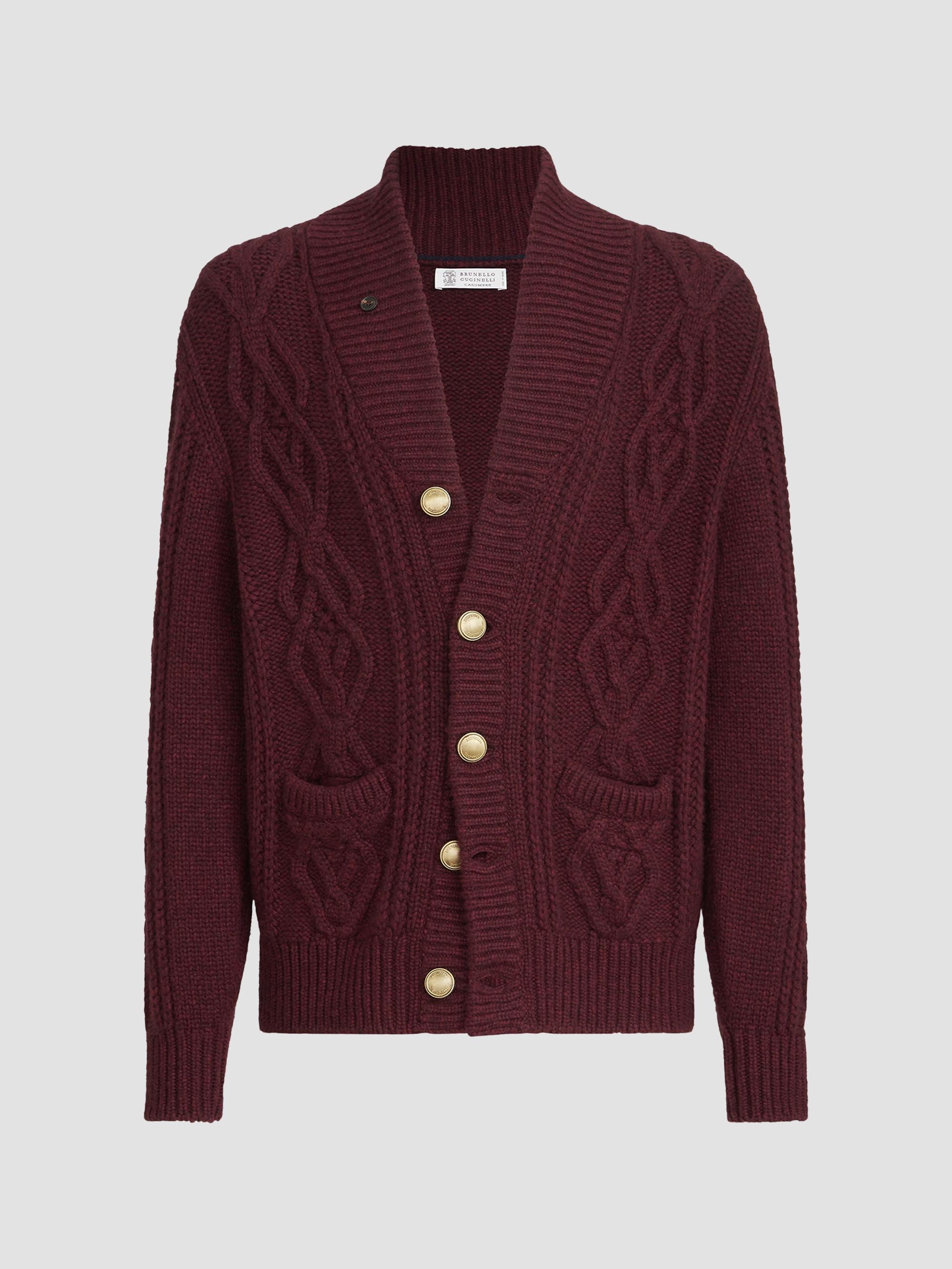 Brunello Cucinelli Men's Cashmere Feather Yarn Cable Knit Cardigan - Burgundy