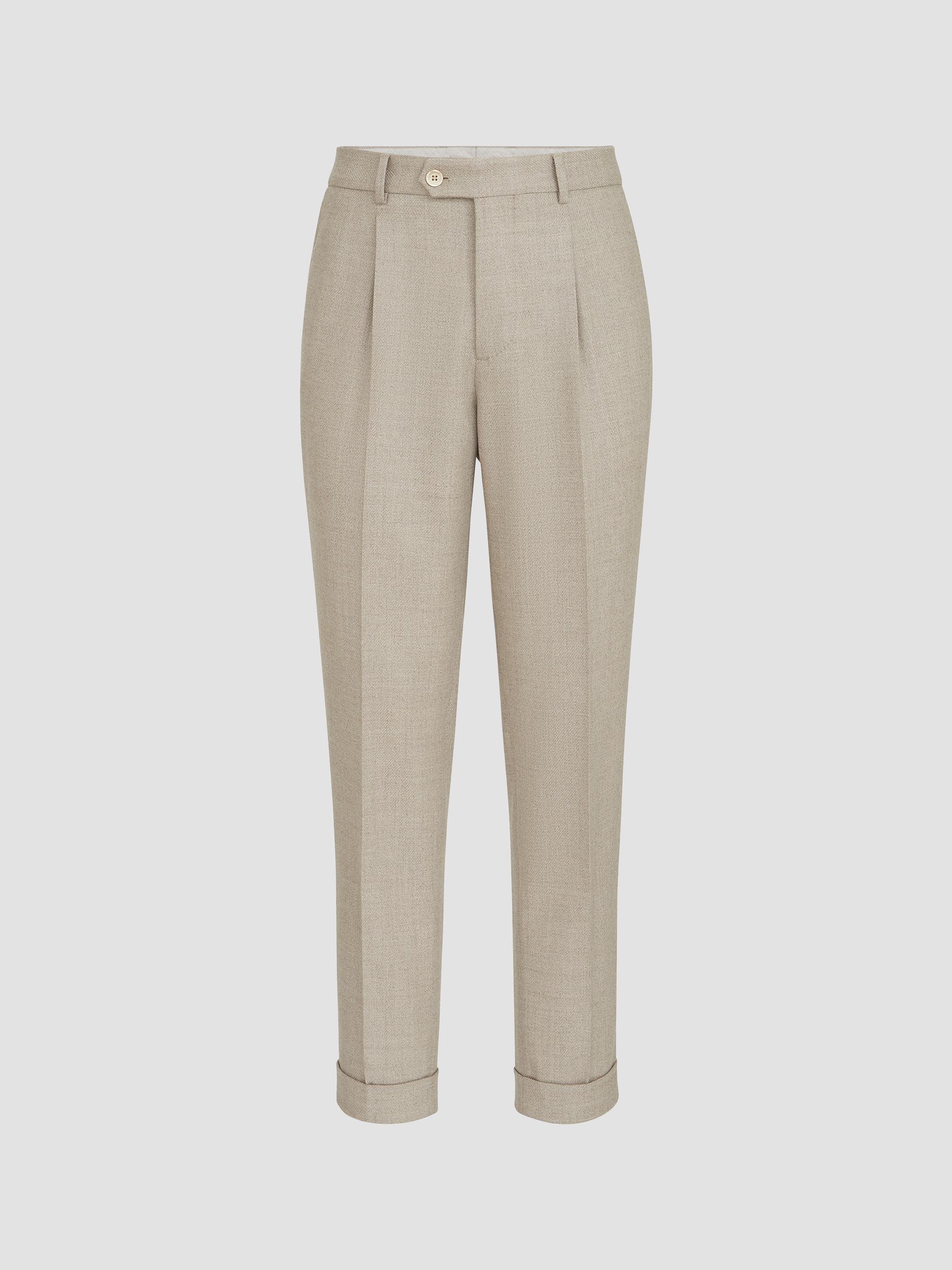 Brunello Cucinelli Men's Virgin Wool Mouliné Twill Trousers with Pleats - Beige | Thumbnail 7