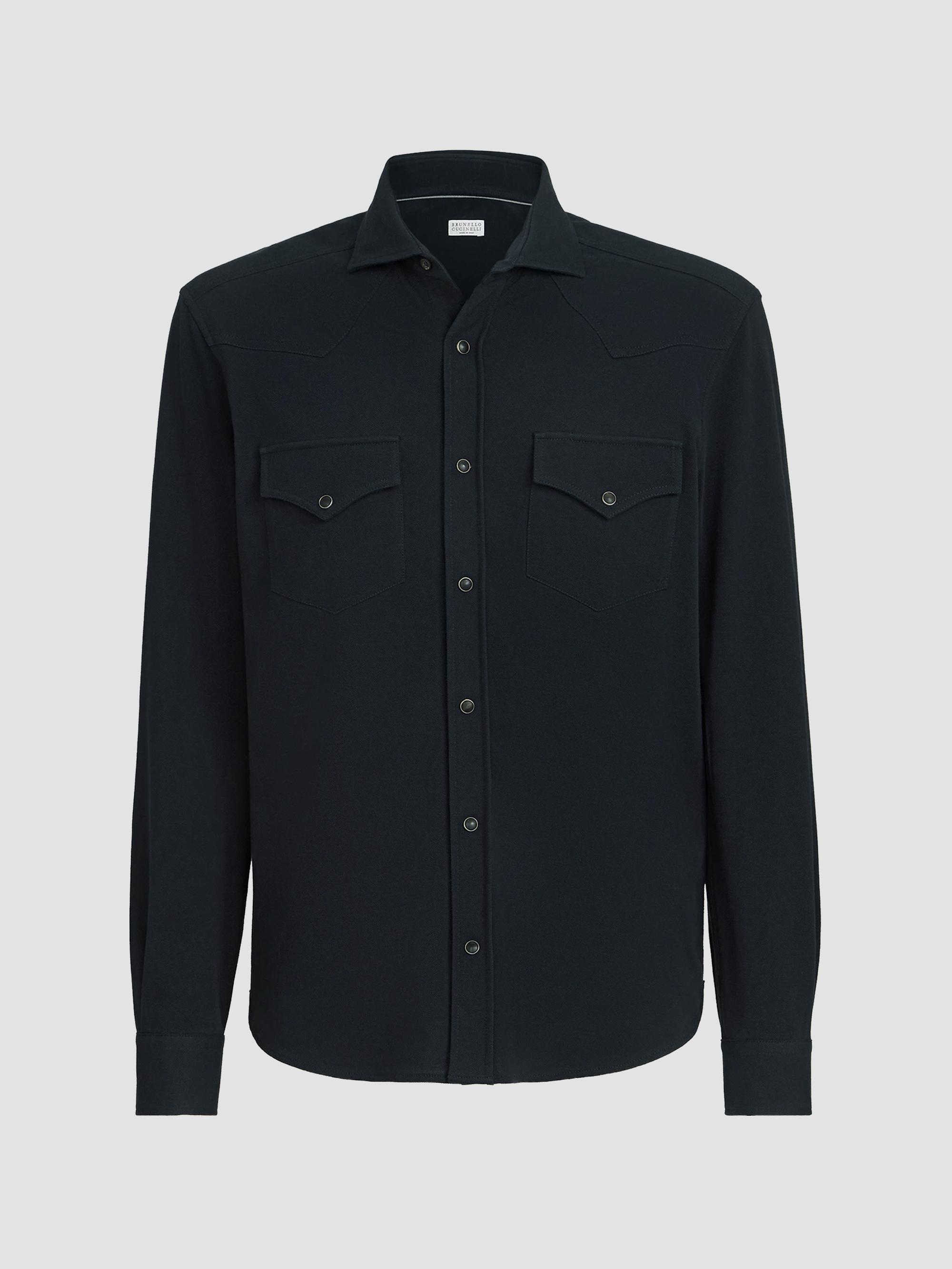 Brunello Cucinelli Men's Cotton Piqué Western Shirt - Navy Blue