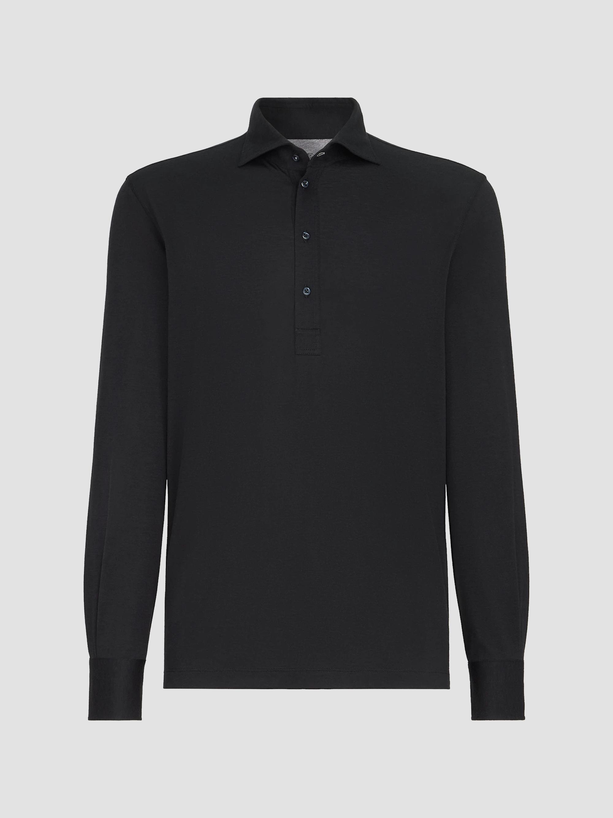 Brunello Cucinelli Men's Silk and Cotton Lightweight Jersey Long Sleeve Polo Shirt - Navy Blue