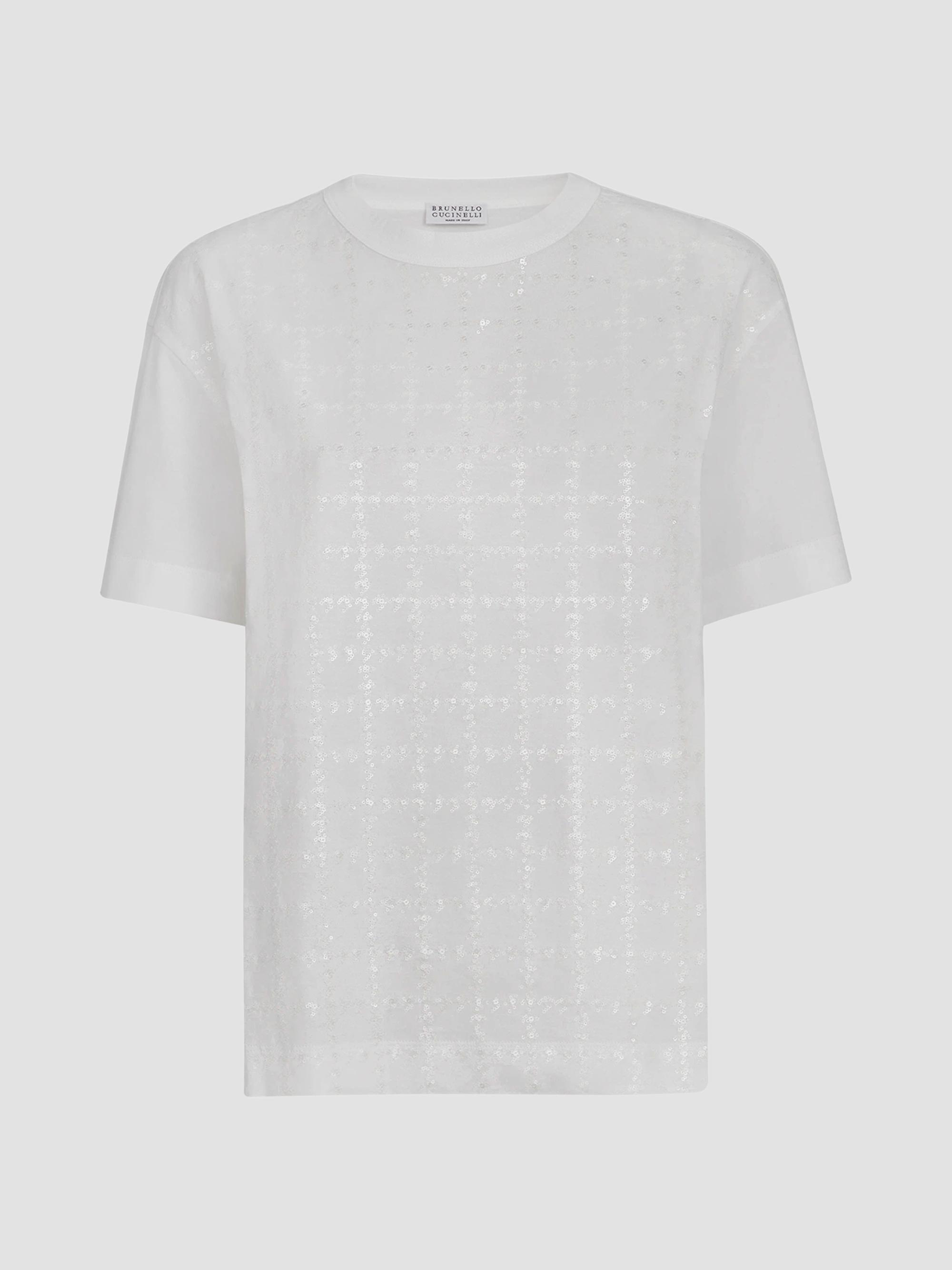 Brunello Cucinelli Women's Cotton Jersey T-Shirt with Dazzling Windowpane Embroidery - White | Thumbnail 7