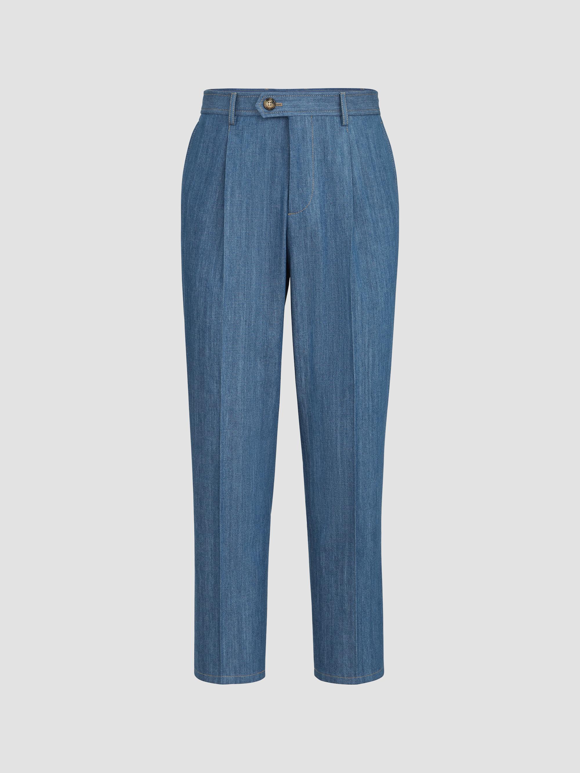 Brunello Cucinelli Men's Lightweight Denim Trousers with Double Pleats - Medium Denim | Thumbnail 7