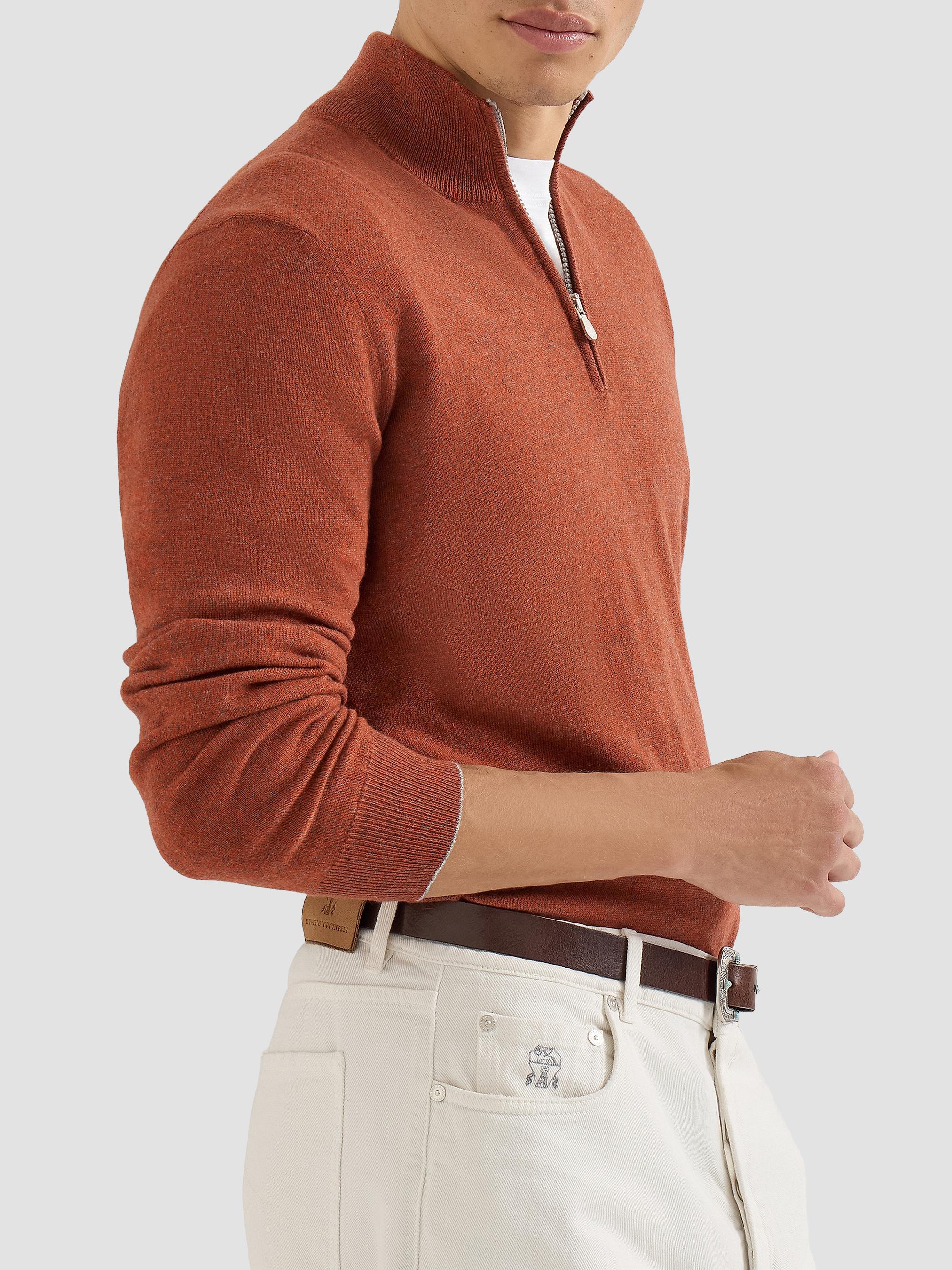 ◇BRUNELLO CUCINELLI オレンジ Wジップ リブセーター Brunello Cucinelli Mouliné Cashmere Sweater with Half Zip | Saks