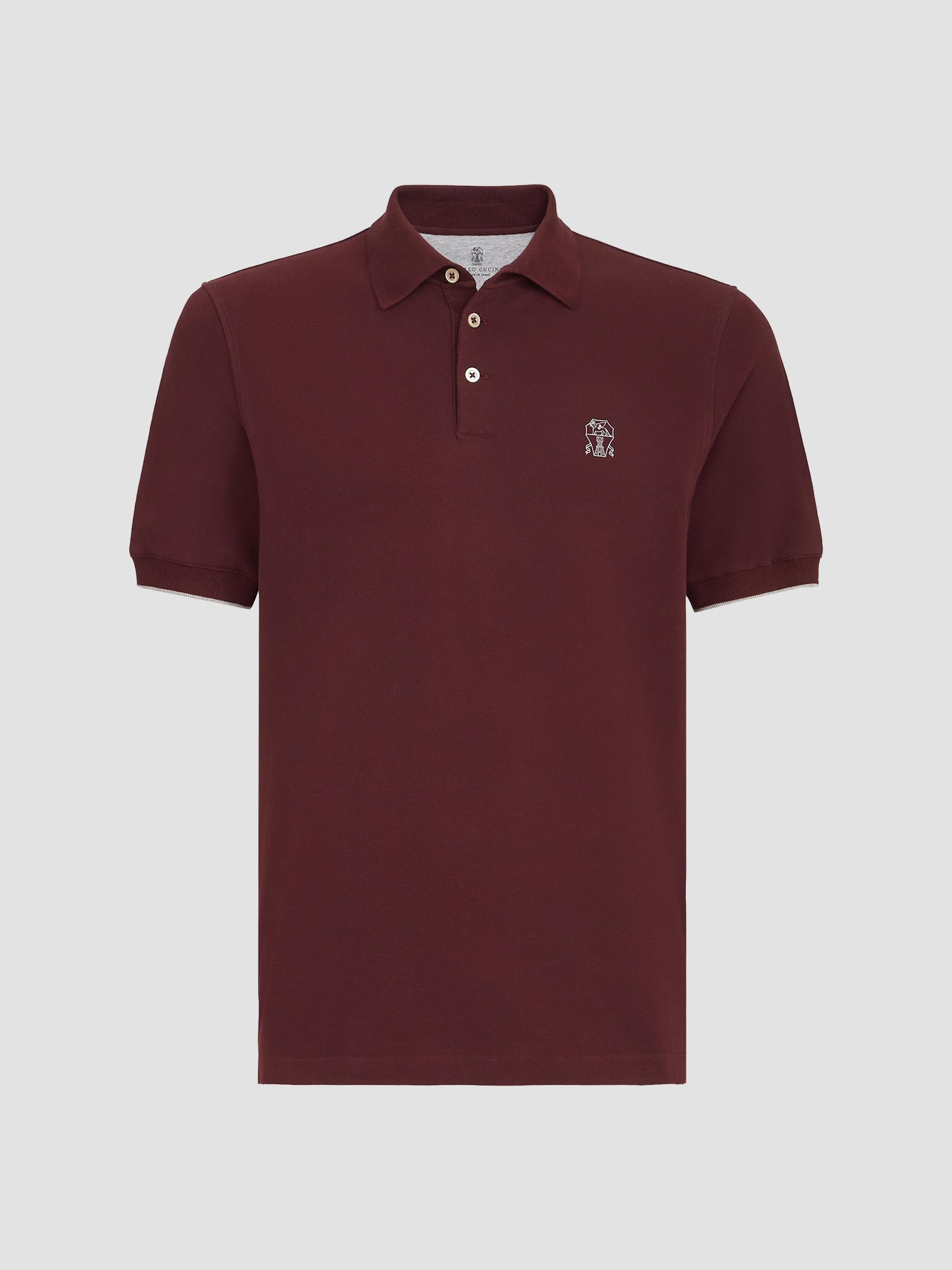 Brunello Cucinelli Men's Cotton Piqué Polo Shirt with Logo - Burgundy