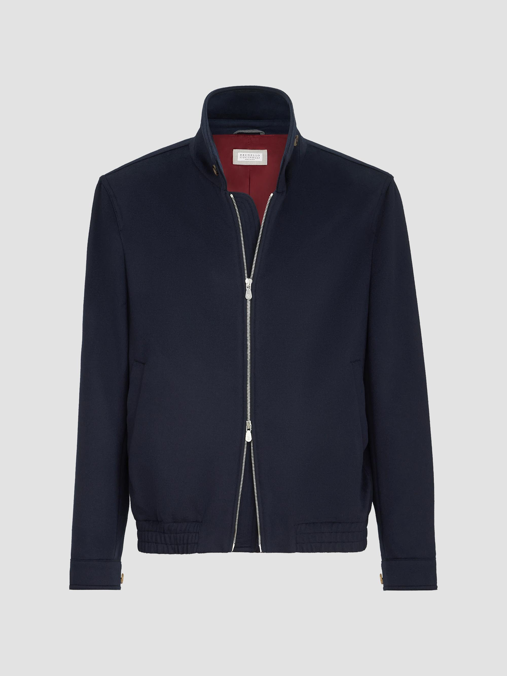 Brunello Cucinelli Men's Virgin Wool Beaver Cloth Bomber Jacket with Zipper - Navy Blue