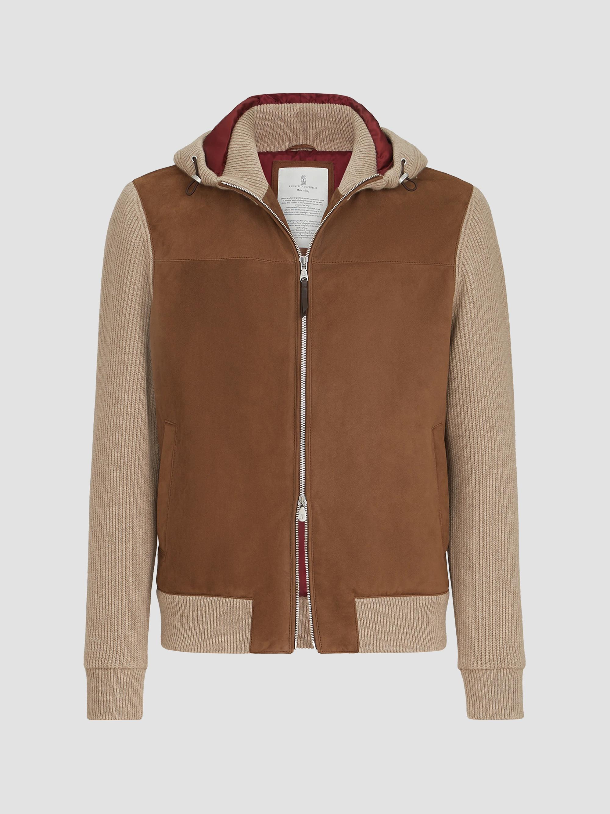 Brunello Cucinelli Men's Suede and Cashmere Knit Hooded Bomber Jacket - Brown