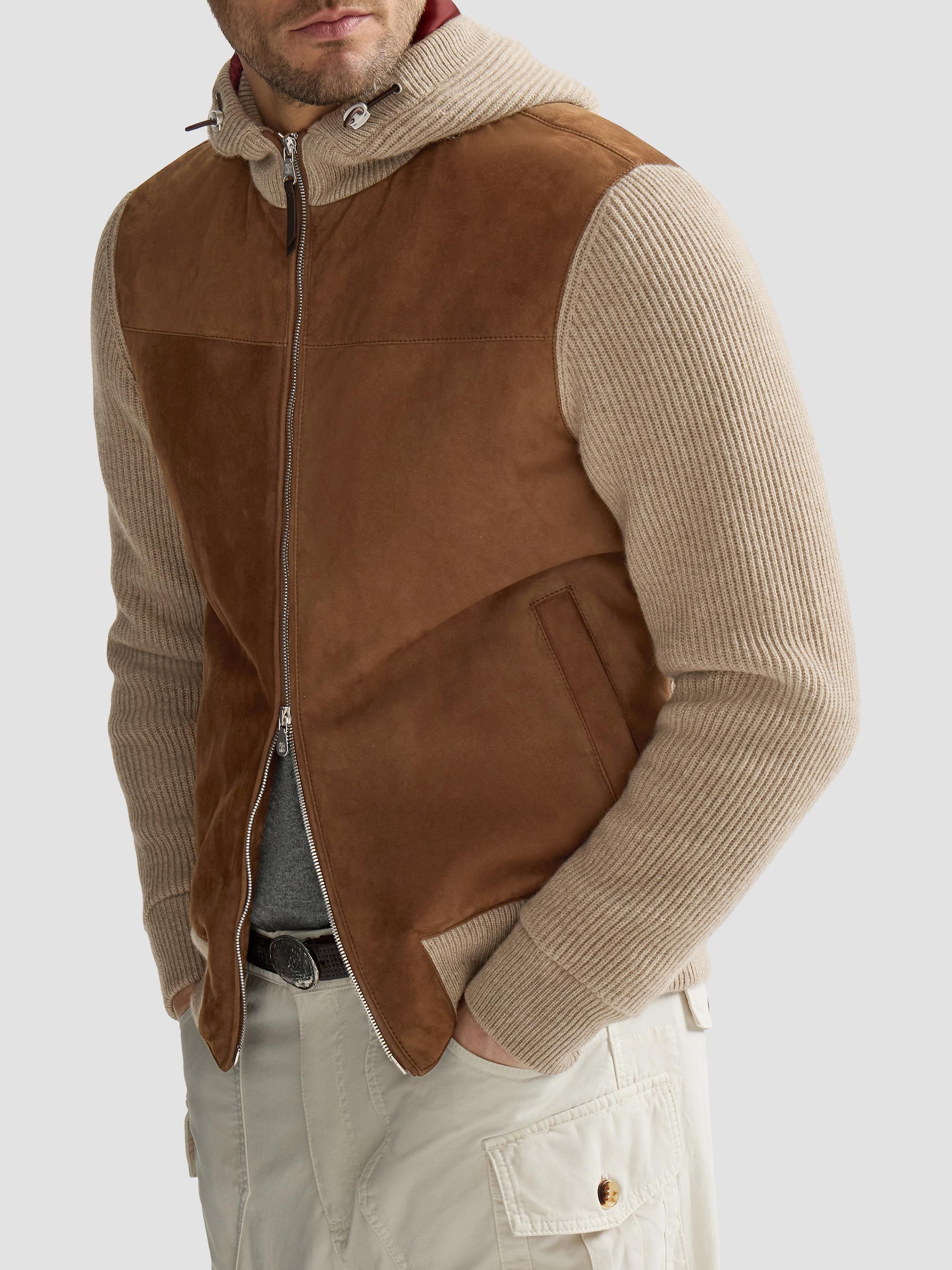 Brunello Cucinelli Suede and Cashmere Knit Hooded Bomber Jacket