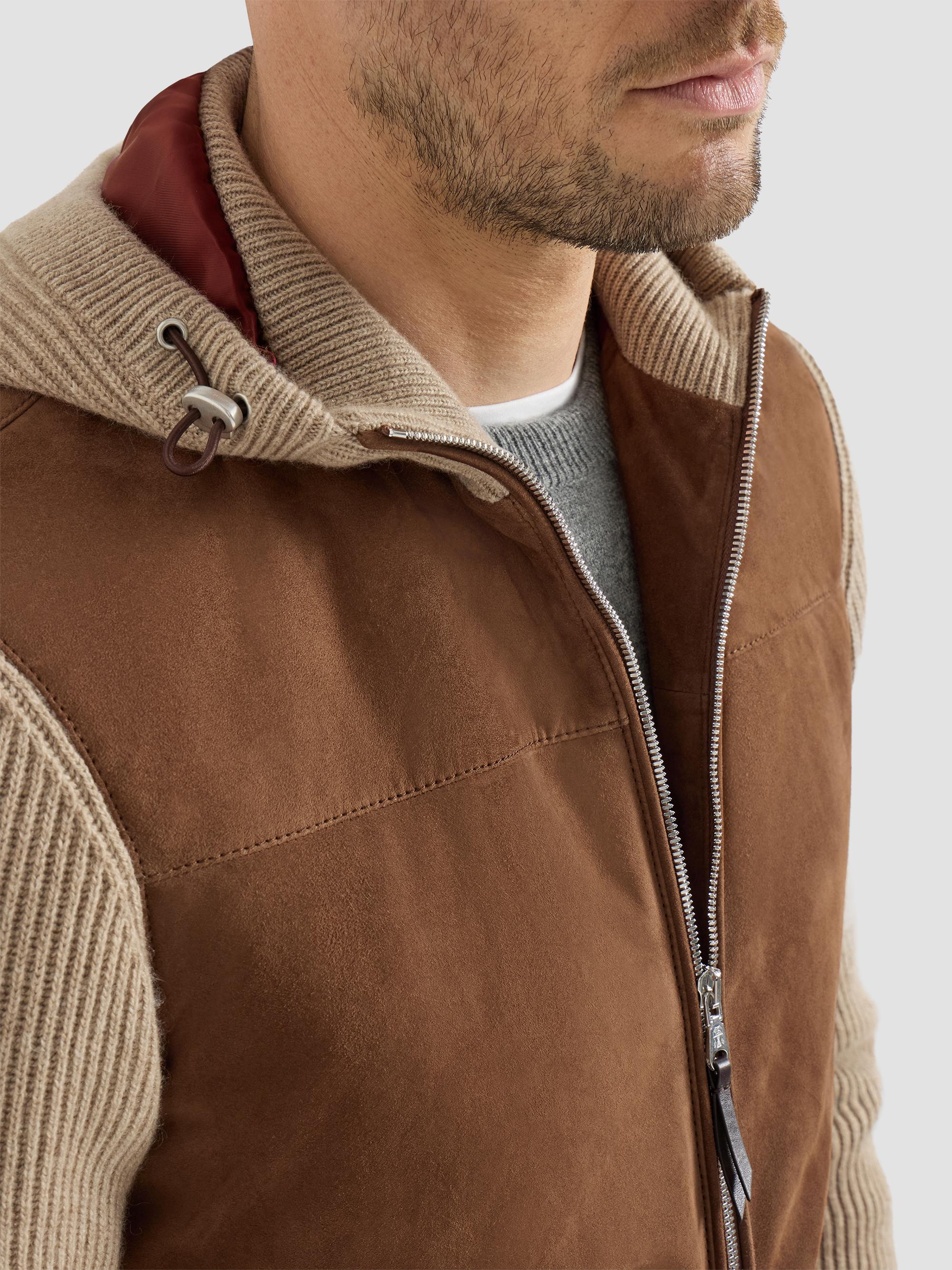 Brunello Cucinelli Suede and Cashmere Knit Hooded Bomber Jacket