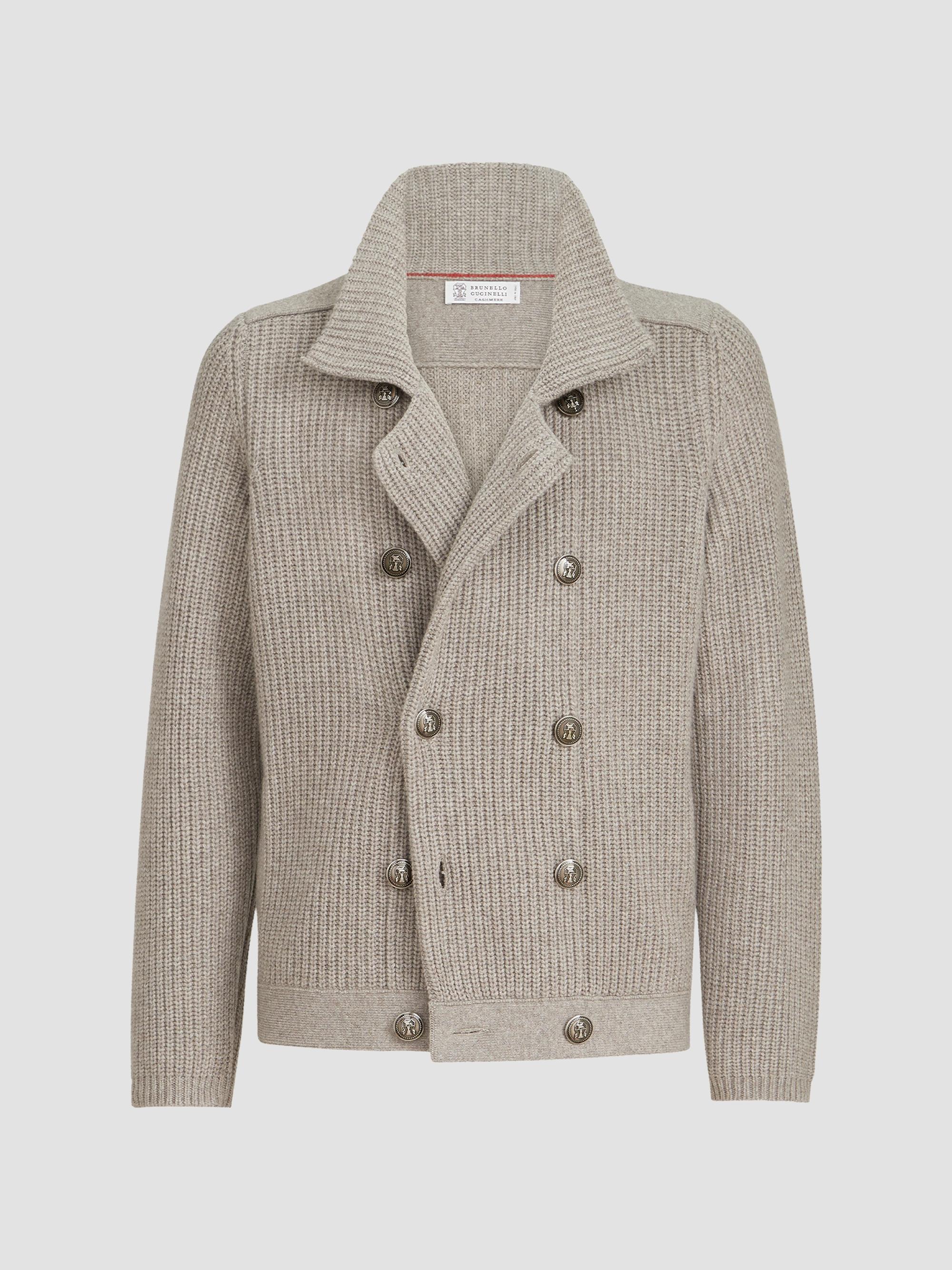 Brunello Cucinelli Men's Cashmere Half English Rib Mariner Cardigan - Light Brown