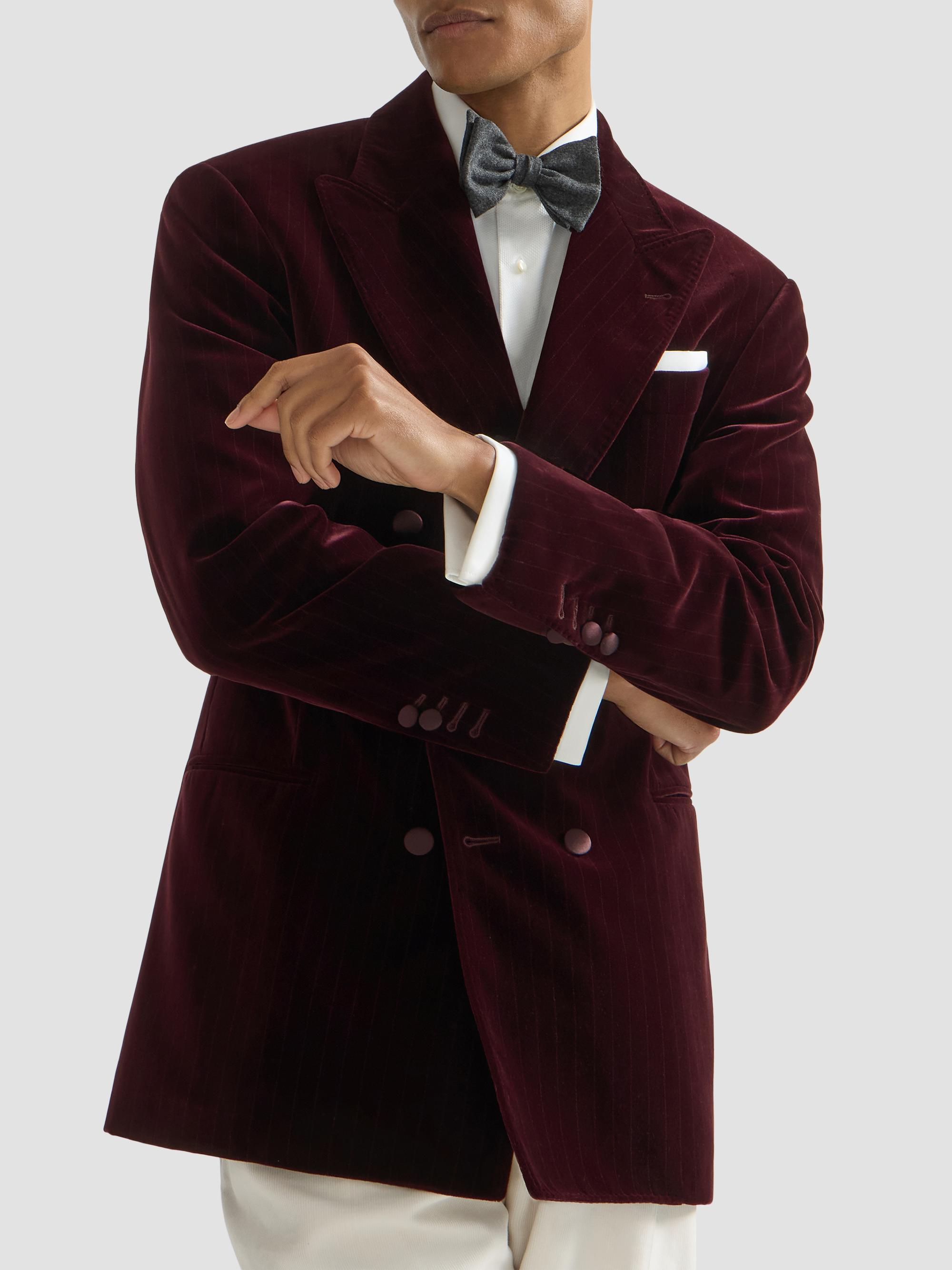 Brunello Cucinelli Men's Cotton Chalk Stripe Velvet One-and-a-Half Breasted Tuxedo Jacket - Bordeaux | Thumbnail 7