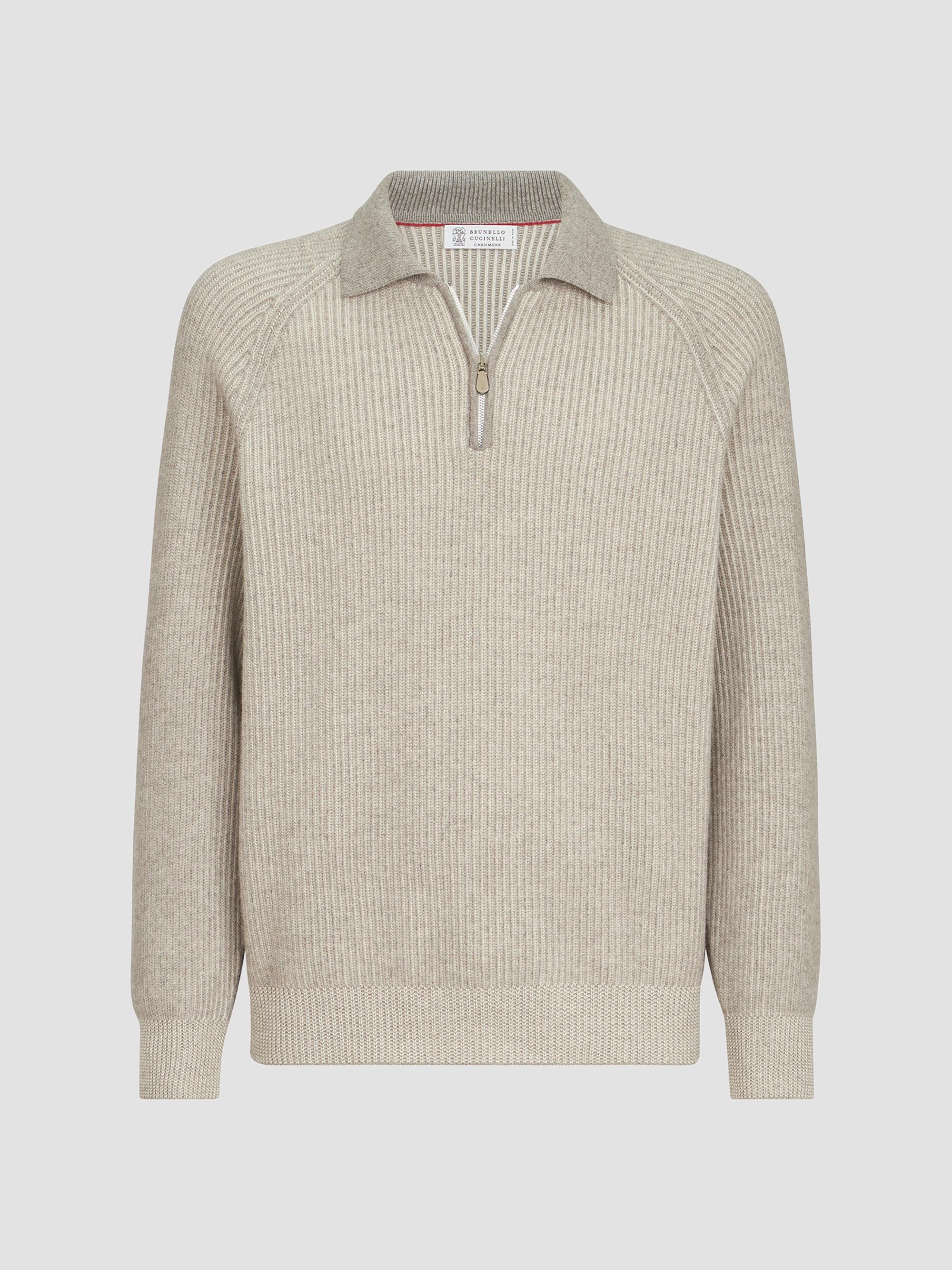 Brunello Cucinelli Men's Cashmere Vanisé English Rib Knit Polo with Half Zip - Grey