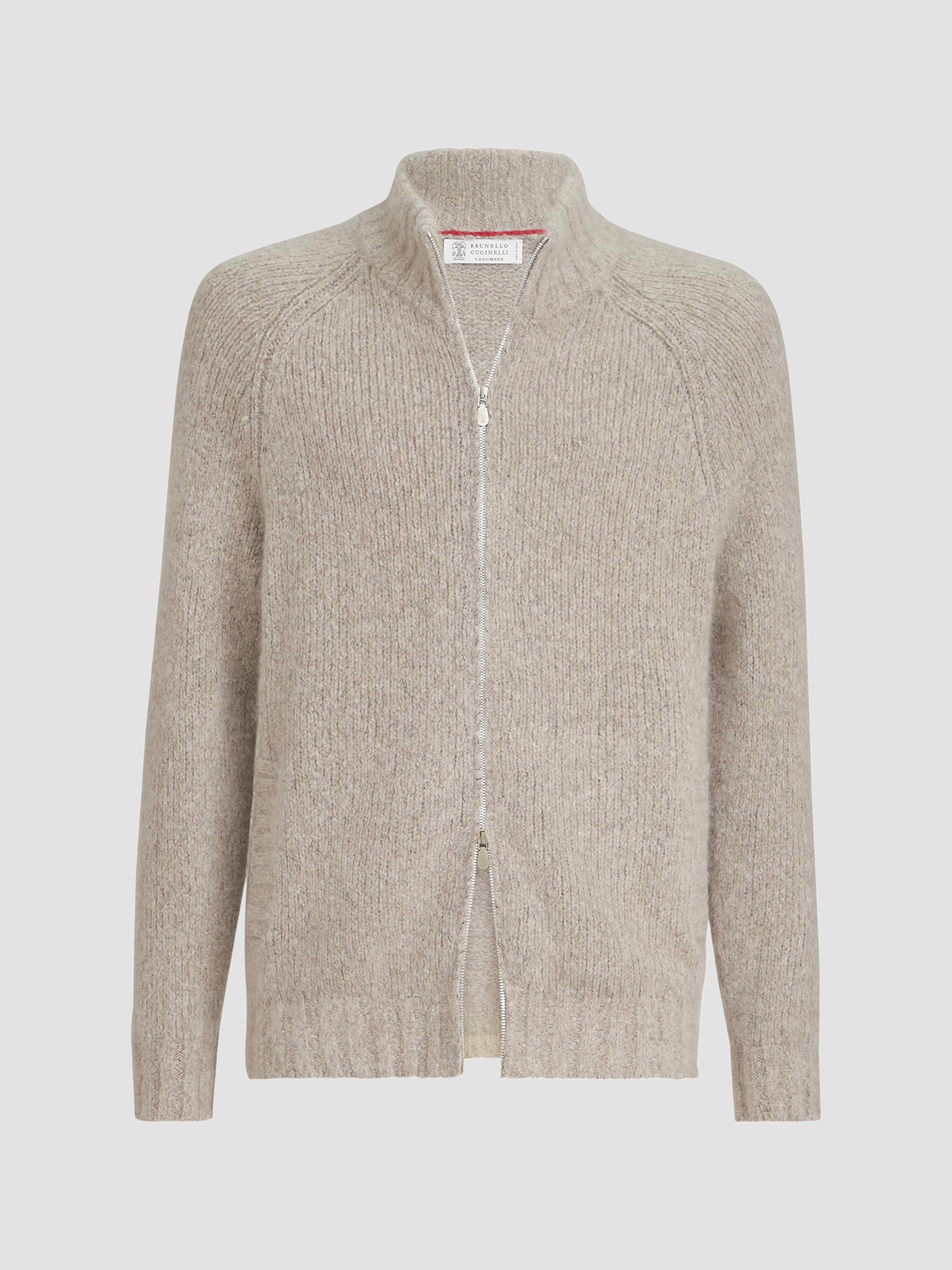Brunello Cucinelli Men's Cashmere and Silk High-Neck Cardigan - Beige