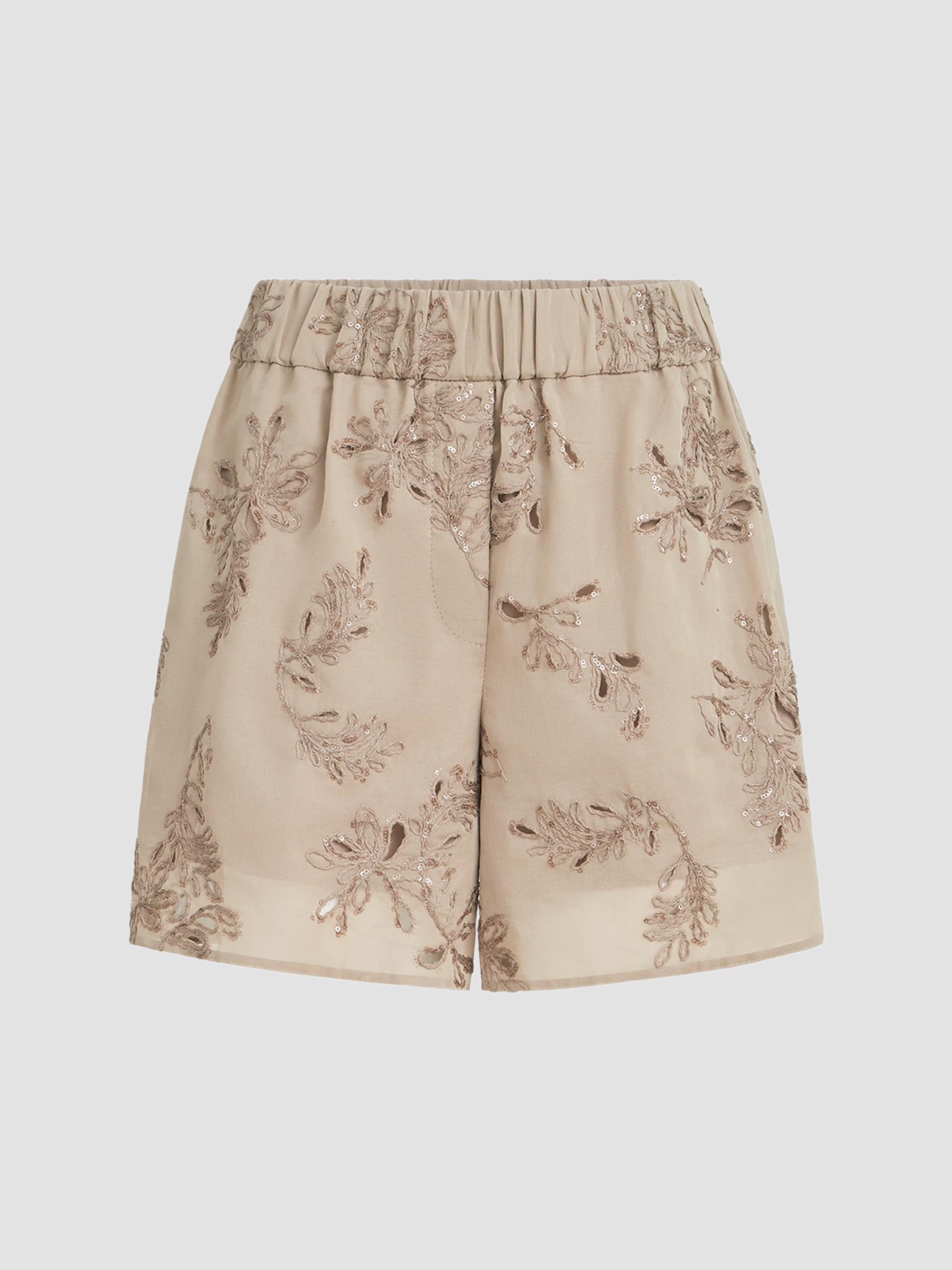 Brunello Cucinelli Women's Cotton Organza Shorts with Dazzling Broderie Anglaise - Espresso | Thumbnail 7